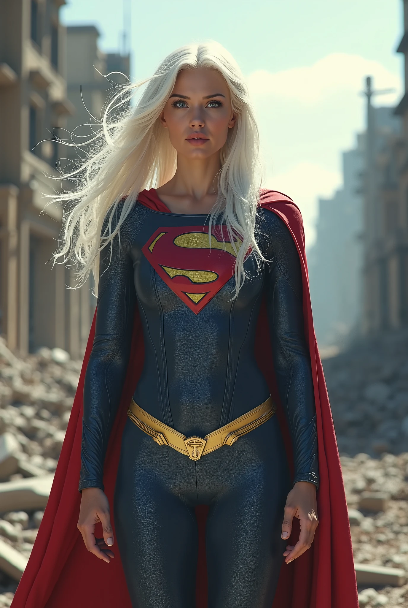 A beautiful blonde-haired woman dressed (((a white leather one-piece suit))),(((an S as an emblem on his chest))) kneeling screaming exhausted after an extensive bloody battle around their apocalyptic city cars and burning buildings (((long red cape)))Powe girl universo Dc