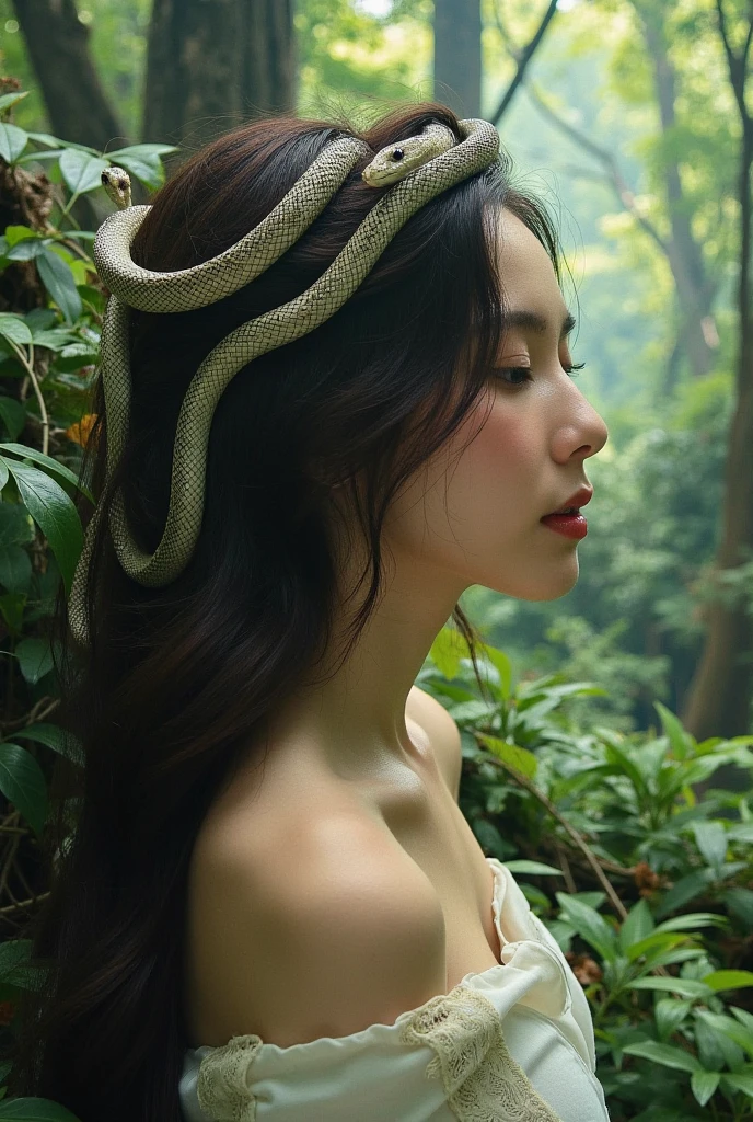 This image features a profile of a woman adorned with snakes as her hair, intertwined with greenery. She is surrounded by a lush forest environment, with soft lighting creating an ethereal atmosphere. The composition evokes themes of nature, mythology, and transformation. 

If you would like to generate or describe a specific prompt based on this picture, please let me know!