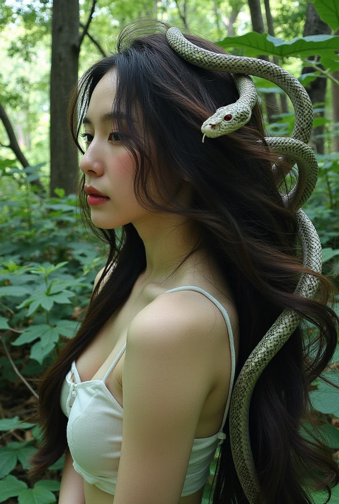 This image features a profile of a woman adorned with snakes as her hair, intertwined with greenery. She is surrounded by a lush forest environment, with soft lighting creating an ethereal atmosphere. The composition evokes themes of nature, mythology, and transformation. 

If you would like to generate or describe a specific prompt based on this picture, please let me know!