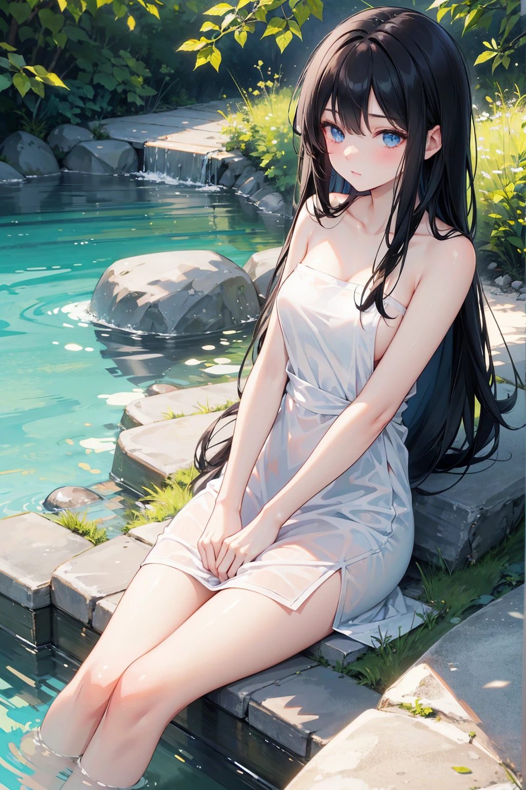 White tank top、、beautiful girl、Long Hair、Black Hair、A Cup、Pool、Jean Shorts、Armpits are visible
