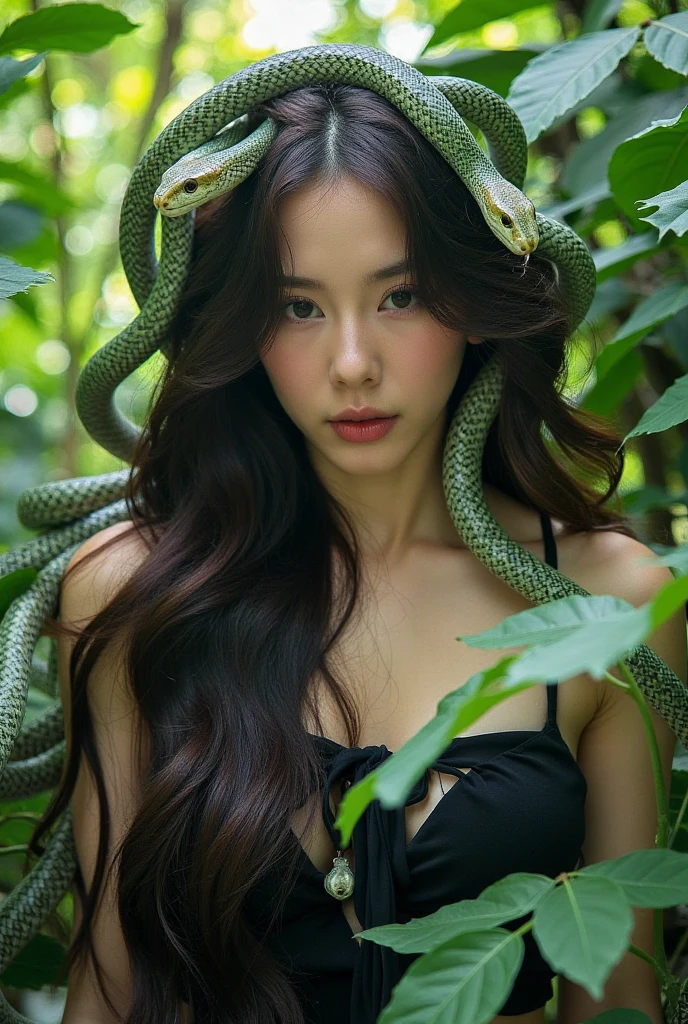 This image features a profile of a woman adorned with snakes as her hair, intertwined with greenery. She is surrounded by a lush forest environment, with soft lighting creating an ethereal atmosphere. The composition evokes themes of nature, mythology, and transformation. 

If you would like to generate or describe a specific prompt based on this picture, please let me know!The scene is a mesmerizing blend of reality and fantasy, where the woman's serene expression conjures a sense of wisdom and strength. The snakes, with their sinuous forms and gleaming scales, symbolize both danger and protection, intertwining the duality of life itself. The vibrant greens of the foliage, punctuated by soft beams of light filtering through the trees, create a dreamlike sanctuary, as if time itself has paused in reverence of this enchanting figure.

Her presence resonates with the echoes of ancient tales, invoking the spirit of goddesses and mythical beings who wielded nature's power. The forest, alive with whispers and rustling leaves, serves as a perfect backdrop to her story—one of rebirth and metamorphosis. Each detail, from the delicate veins of the leaves to the intricate patterns of the snakes, speaks of the interconnectedness of all living things, reminding us of the profound relationship humans share with the earth and its myriad wonders.

In this vivid tableau, we are invited to explore the transformative journey of embracing one's true essence, celebrating the beauty found in embracing both light and shadow. Here, in this idyllic harmony of woman and wilderness, lies an invitation to delve deeper into our own mythology, to uncover the threads that bind us to the natural world and each other.