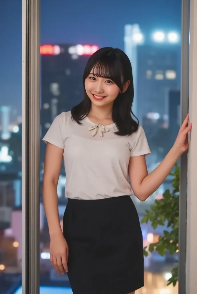(( top quality, 8k, masterpiece :1.3)), whole body, sharp concentration :1.2, beautiful woman with perfect figure :1.4, slim abs :1.2, (( dark brown hair , Big Breasted :1.2)), Body Dress :1.1, (Night city view, modern balcony :1.1), high definition face and skin texture, detailed eyes , double eyelids, small bust, Office Lady Uniform, office Wear, white t-shirt , Exposed chest, ( black pantyhose), ( no panties), Indoor scene, office