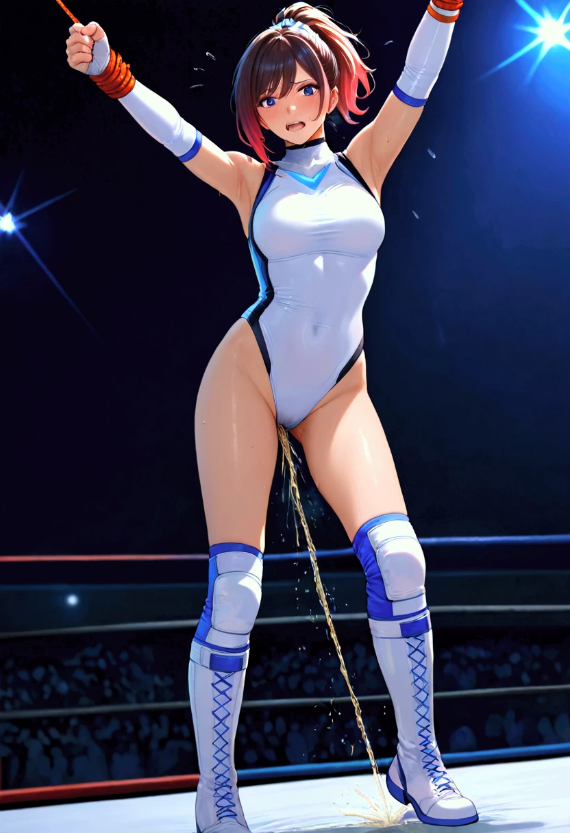 Naked female professional wrestler is humiliated in the ring,take off clothes in the ring,Stripped naked,panties pulled,Scattered clothes are scattered on the floor,Private parts are exposed,Hairstyles with short hair,Have pubic hair,The pubic area is visible,high-level image quality(4K,8K,hight resolution,masterpiece:1.2),ultra-detailliert,Realistic(photo-like:1.37),Professional,Unripe々new color,shiny landscape,clearer depiction,realistic hair texture。