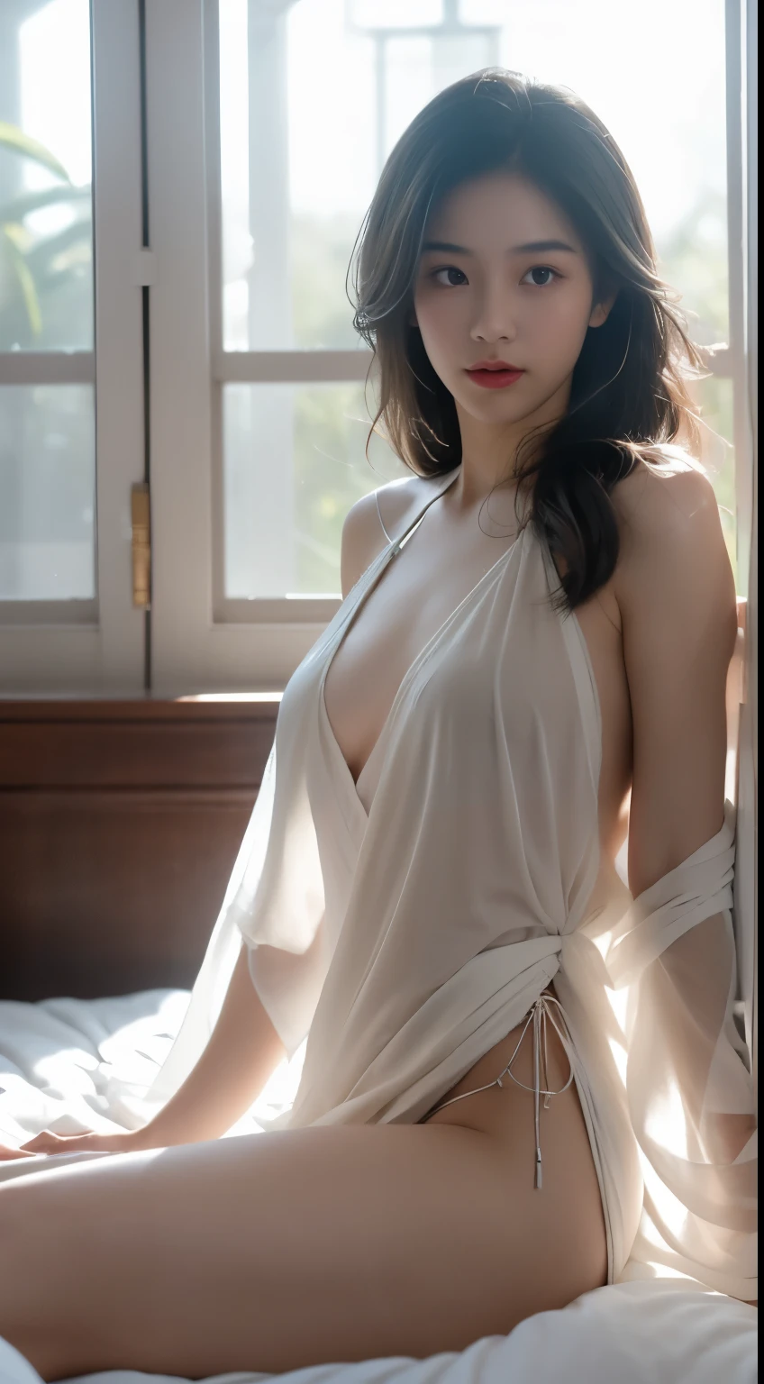 A young thai woman dressed in a sexy, flowing chiffon outfit, sitting gracefully on a luxurious bed. The delicate, semi-transparent fabric drapes elegantly, catching the soft golden sunlight streaming through a nearby window. The bed is adorned with plush pillows and a cozy blanket, creating a warm and inviting atmosphere. The sunlight casts intricate patterns and gentle shadows on the chiffon, highlighting its airy texture and the contours of her figure. The background features a softly lit room with minimalist decor, emphasizing the serene and intimate mood of the scene. The overall ambiance is dreamy, sensual, and bathed in a natural, golden glow.  