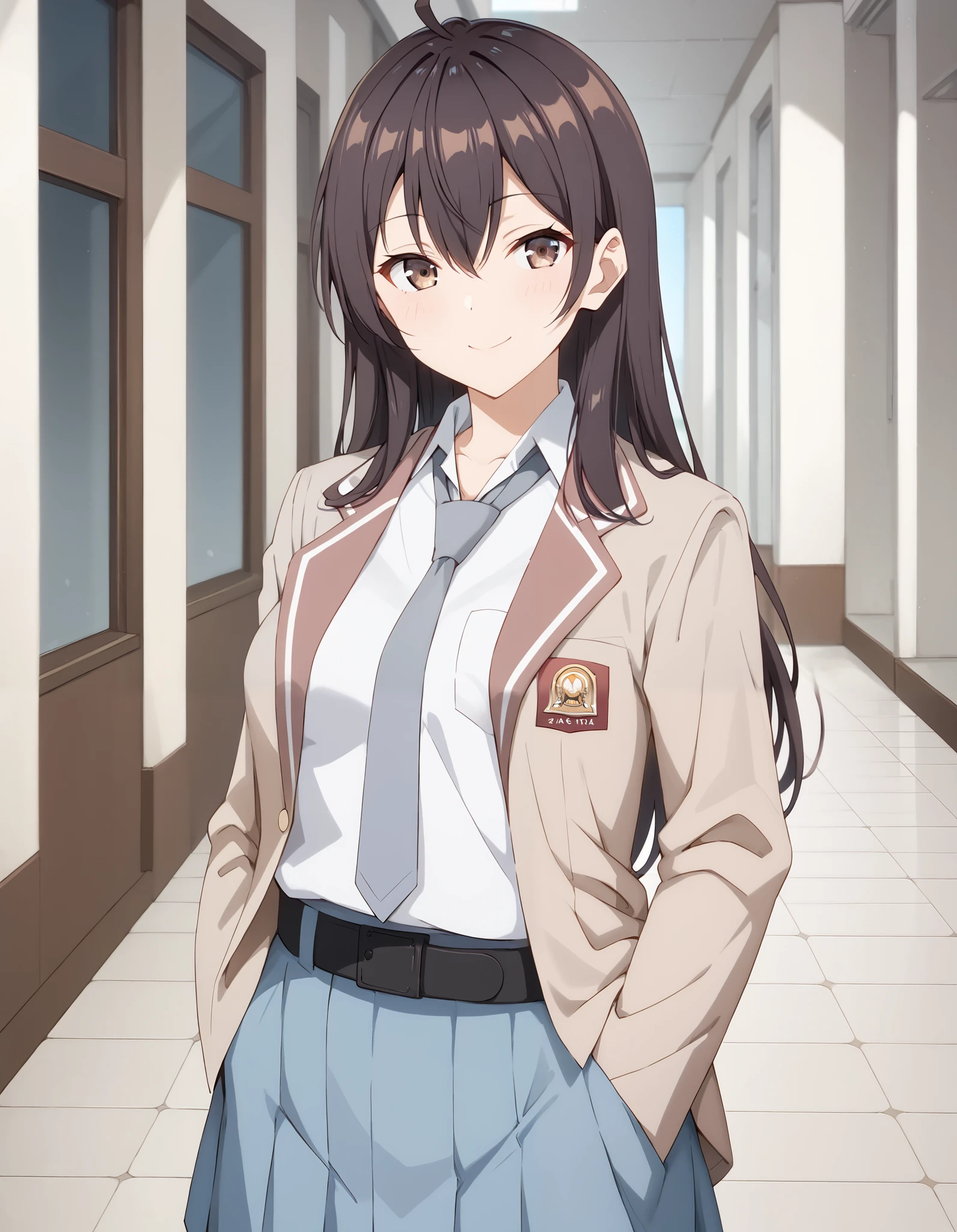 Masterpiece, hd, best quality, 1girl, closed mouth, light smile, light blush, long hair, masachika kuze, brown hair, hair between eyes, brown eyes, medium breasts, Indonesia high school uniform, wearing white collared shirt, short sleeves, light blue skirt, pleated skirt, light blue neck tie, pocket, school logo on pocket, wearing black belt, outdoor, smile, standing, cowboy shot