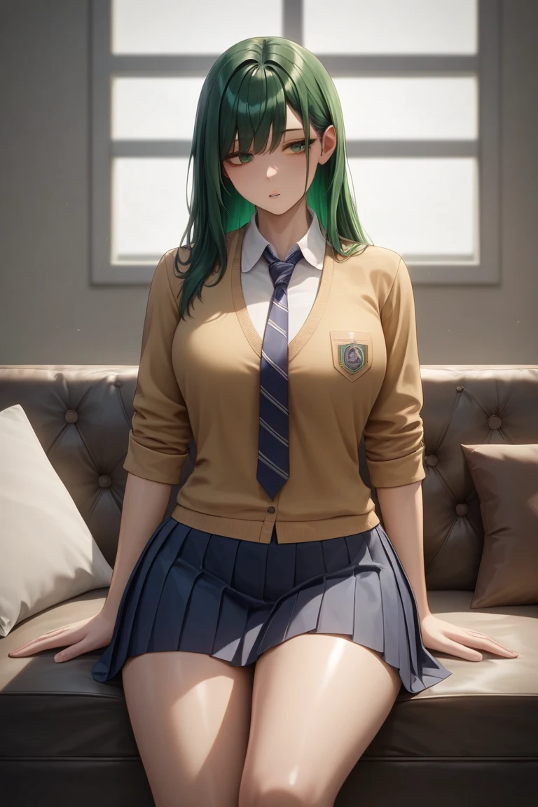 1girl, sweater, bangs, green hair, green eyes, 1girl,, pleated skirt, necktie,skirt, sleeves rolled up, shirt, school uniform, tired, half asleep , living room, simple background, anime coloring, depth of field, thighs, masterpiece, best quality, newest, highres, absurdes, very aesthetic, shiny skin, EyesHD, parted lips, masterpiece, best quality, amazing quality, very aesthetic, absurdres, newest, super detailed, extremely detailed, nsfw, explicit, confident, assertive, and fiercely protective,curvy body, busty, thick thighs, perfect face