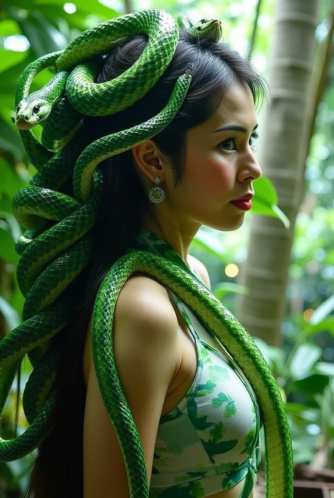 This image features a profile of a woman adorned with snakes as her hair, intertwined with greenery. She is surrounded by a lush forest environment, with soft lighting creating an ethereal atmosphere. The composition evokes themes of nature, mythology, and transformation. If you would like to generate or describe a specific prompt based on this picture, please let me know!The scene is a mesmerizing blend of reality and fantasy, where the woman's serene expression conjures a sense of wisdom and strength. The snakes, with their sinuous forms and gleaming scales, symbolize both danger and protection, intertwining the duality of life itself. The vibrant greens of the foliage, punctuated by soft beams of light filtering through the trees, create a dreamlike sanctuary, as if time itself has paused in reverence of this enchanting figure. Her presence resonates with the echoes of ancient tales, invoking the spirit of goddesses and mythical beings who wielded nature's power. The forest, alive with whispers and rustling leaves, serves as a perfect backdrop to her story—one of rebirth and metamorphosis. Each detail, from the delicate veins of the leaves to the intricate patterns of the snakes, speaks of the interconnectedness of all living things, reminding us of the profound relationship humans share with the earth and its myriad wonders. In this vivid tableau, we are invited to explore the transformative journey of embracing one's true essence, celebrating the beauty found in embracing both light and shadow. Here, in this idyllic harmony of woman and wilderness, lies an invitation to delve deeper into our own mythology, to uncover the threads that bind us to the natural world and each other.