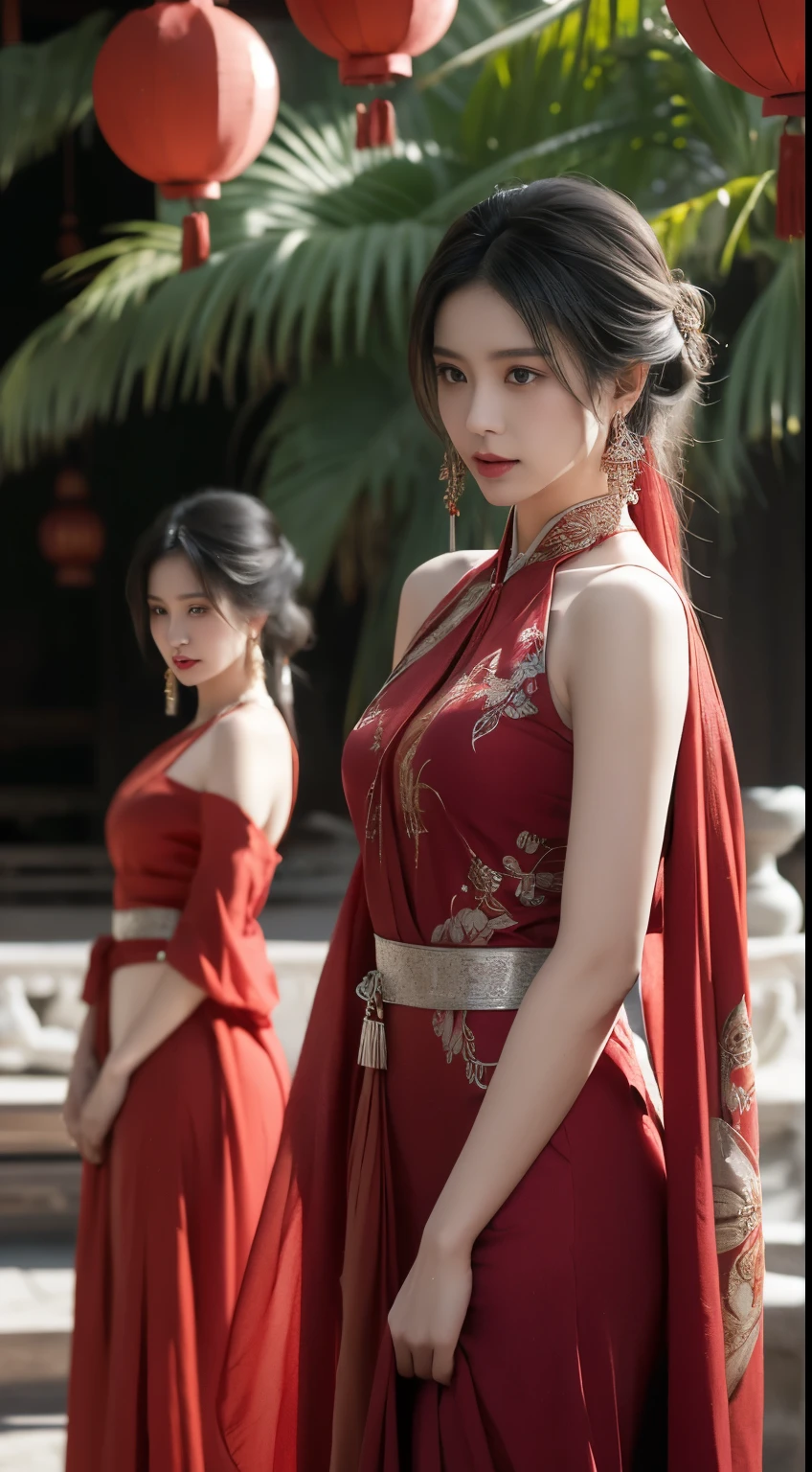 Two elegant young women standing together in a serene outdoor setting with soft sunlight and traditional Thai lanterns in the background.
The first woman is wearing a traditional Lanna Thai outfit, featuring a pink and gold embroidered silk dress with intricate patterns and delicate gold jewelry, exuding Northern Thai cultural elegance. The second woman is dressed in a traditional Phu Ti outfit,
showcasing a black and red embroidered dress with silver ornaments and a beautifully draped shawl. Both women are poised gracefully
surrounded by a serene, sunlit setting with traditional Thai lanterns in the background