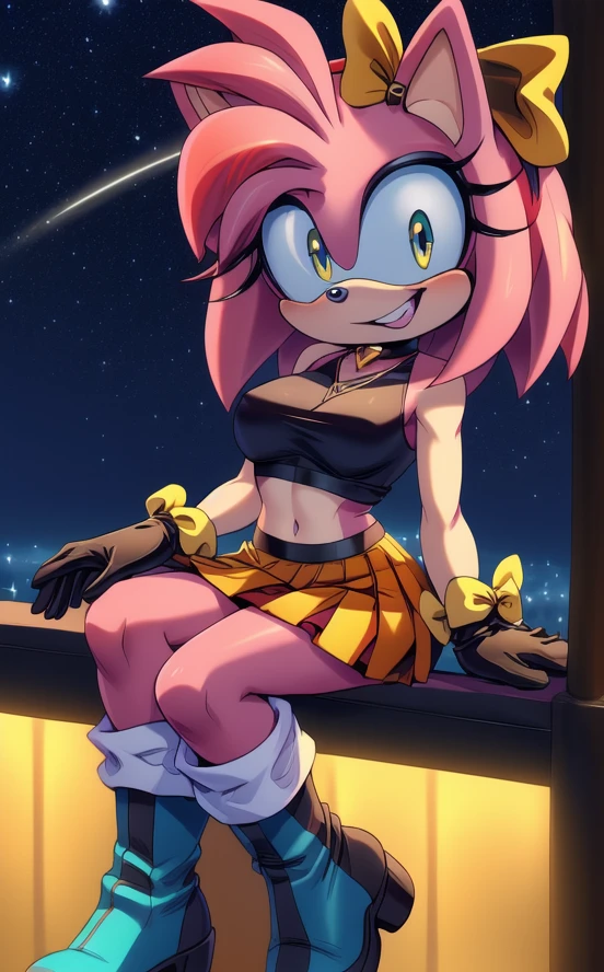 ((masterpiece)) ((UHD)) 4K, High detailed, ((detailed shadowing)) Female anthropomorphic hedgehog, Amy Rose, mobian, light pink fur, furry, Anime style art, Studio Quality, Atractive, gorgeous body, full body portrait, Best Quality, High resolution, , midriff, multicolored hair , pink messy, frizzy, shoulder length Punk Hair with red highlights, ((yellow hair bow)), 4 long bangs, red eyes, (( black crop top with a yellow heart)), ((long black gloves)) black choker, earrings, ((orange and yellow striped pleated skirt and a white fringe)) , ((long blue boots with yellow bows)) , creepy smile, pointy teeth, wide-eyed, crazy, bonkers, unhinged, sitting legs out ((nighttime)) ((starry sky)) ((ambient lighting)) (cinematic lighting)), carnival