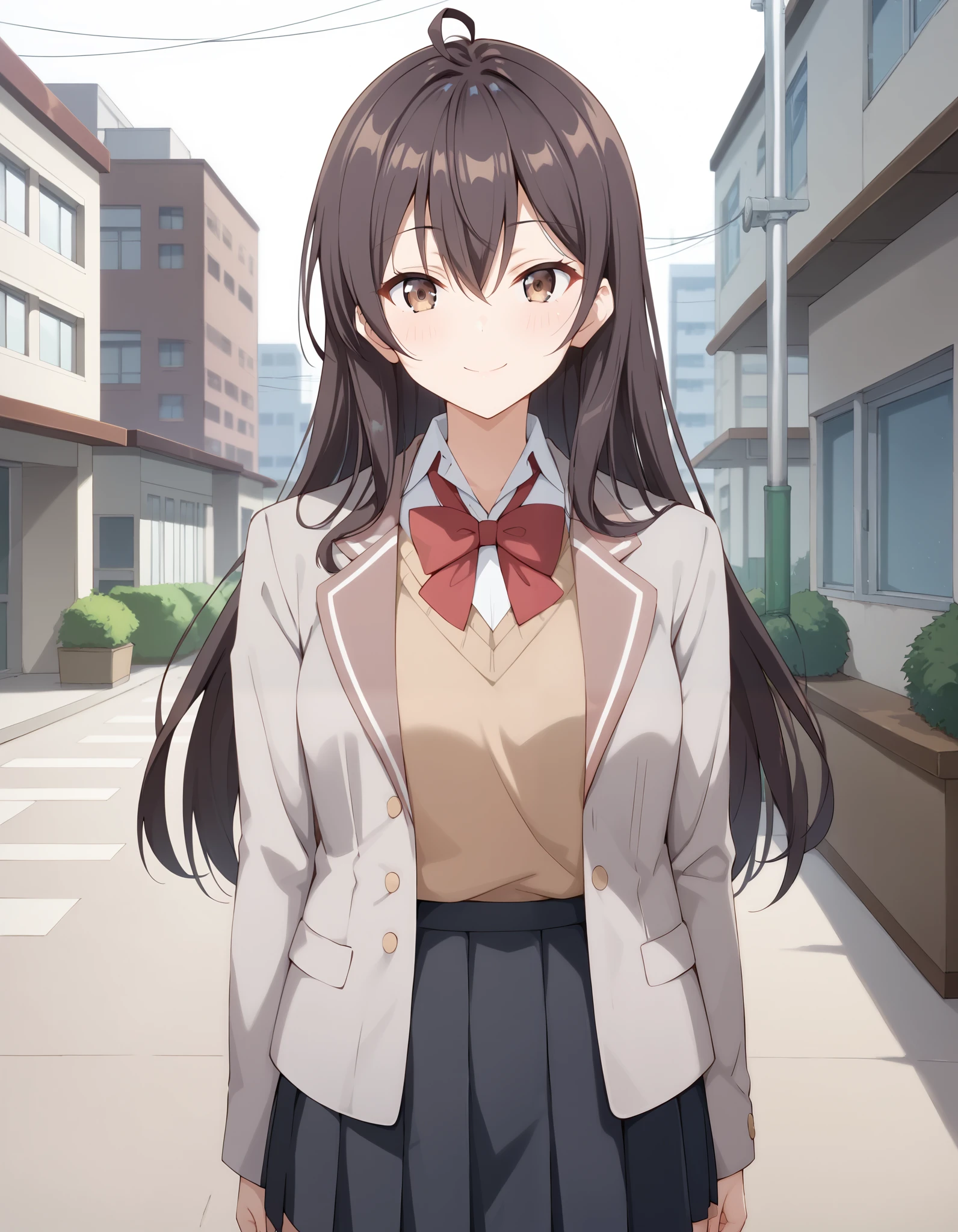 Masterpiece, hd, best quality, 1girl, closed mouth, light smile, light blush, long hair, (long hair:1.2), masachika kuze,  brown hair, hair between eyes, brown eyes, school uniform, grey jacket, long sleeves, open jacket, buttons, white shirt, collared shirt, red bowtie, brown sweater vest, black skirt, outdoor,  smile,  standing, cowboy shot