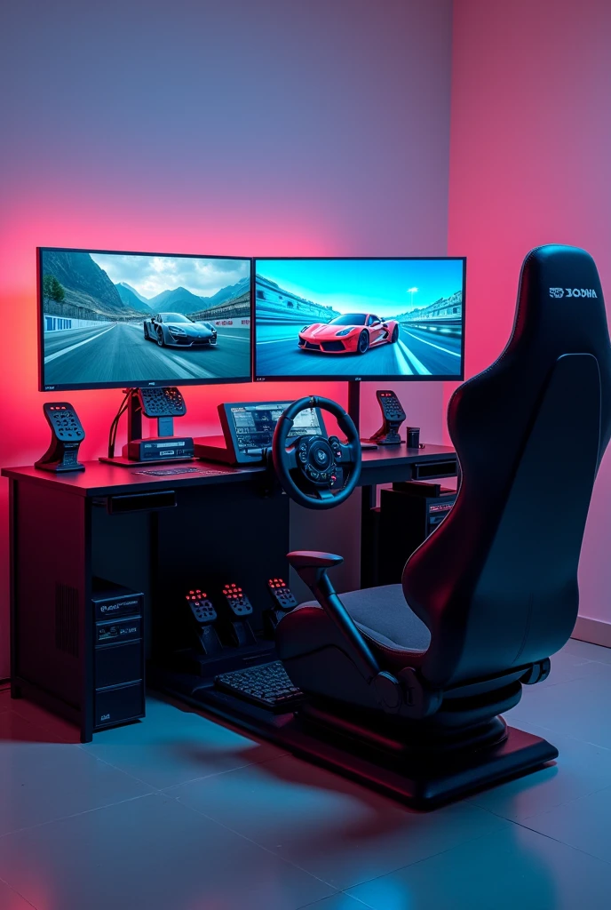 bedroom, sports car, racing simulator, bed, closet, chair, room