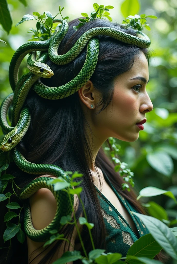 This image features a profile of a woman adorned with snakes as her hair, intertwined with greenery. She is surrounded by a lush forest environment, with soft lighting creating an ethereal atmosphere. The composition evokes themes of nature, mythology, and transformation. If you would like to generate or describe a specific prompt based on this picture, please let me know!The scene is a mesmerizing blend of reality and fantasy, where the woman's serene expression conjures a sense of wisdom and strength. The snakes, with their sinuous forms and gleaming scales, symbolize both danger and protection, intertwining the duality of life itself. The vibrant greens of the foliage, punctuated by soft beams of light filtering through the trees, create a dreamlike sanctuary, as if time itself has paused in reverence of this enchanting figure. Her presence resonates with the echoes of ancient tales, invoking the spirit of goddesses and mythical beings who wielded nature's power. The forest, alive with whispers and rustling leaves, serves as a perfect backdrop to her story—one of rebirth and metamorphosis. Each detail, from the delicate veins of the leaves to the intricate patterns of the snakes, speaks of the interconnectedness of all living things, reminding us of the profound relationship humans share with the earth and its myriad wonders. In this vivid tableau, we are invited to explore the transformative journey of embracing one's true essence, celebrating the beauty found in embracing both light and shadow. Here, in this idyllic harmony of woman and wilderness, lies an invitation to delve deeper into our own mythology, to uncover the threads that bind us to the natural world and each other.