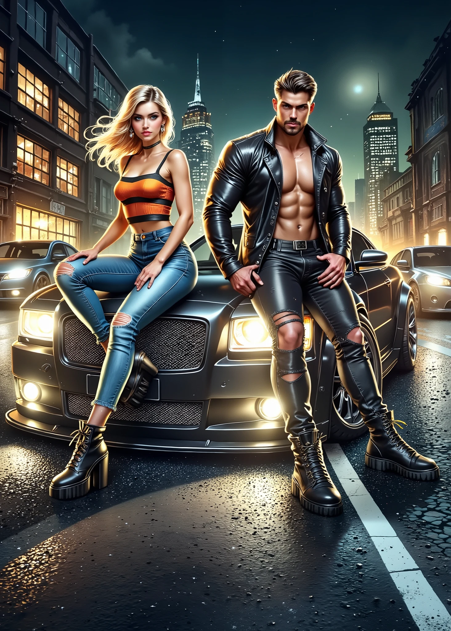  Glossing full-waist scene Digital realistic illustration is a dynamic full-length scene .  Beautiful naive gentle 18-year-old woman in a contrasting bright top and jeans a man with SHINY blond hair ,  sits sideways on the car bumper by a handsome brutal 35-year-old muscular gangster man with short black hair, in black ripped jeans ,T-shirt and black biker jacket .   Against the backdrop of an empty night street in a modern metropolis  . Sunlight illuminates every figure . BRIGHT,textural, three-dimensional , bright rich complementary colors .dynamically.textural.  correct anatomy proportions .right hands .  Model beautiful faces . Perfect for a book .vibrant hue saturation.