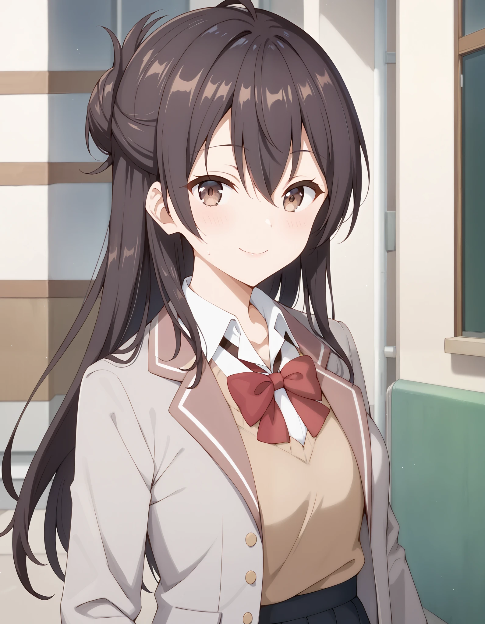 Masterpiece, hd, best quality, 1girl, closed mouth, light smile, light blush, long hair, (long hair:1.2), updo, masachika kuze,  brown hair, hair between eyes, brown eyes, school uniform, grey jacket, long sleeves, open jacket, buttons, white shirt, collared shirt, red bowtie, brown sweater vest, black skirt, outdoor,  smile,  standing, cowboy shot