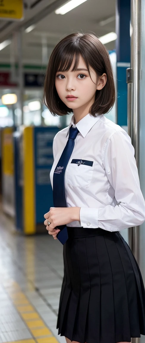 (masterpiece, highest quality:1.2), 8k, 15 years, 85mm, official art, RAW photo, スーパースリムなスレンダーbeautiful girl, (紺の短いスカートをたくし上げると下Half bodyfull nude)、short sleeveの白シャツ、show me your ears、naked girl photoshoot、full nude, cute face, close, Half body, Biolace, gardenia, beautiful girl, school uniform, (navy skirt:1.1), tighten your waist, thighs, short sleeve, stand by the train window, looking at the viewer, no makeup, (A slightly troubled look), film grain, chromatic aberration, sharp focus, face light, clear lighting, Ten generations, detailed face, background bokeh, (dark red tie:1.1)、((((((shy girl))))))、((((((1人のfull nude女子高生)))))、Short haircut for shoulder-length brown hair