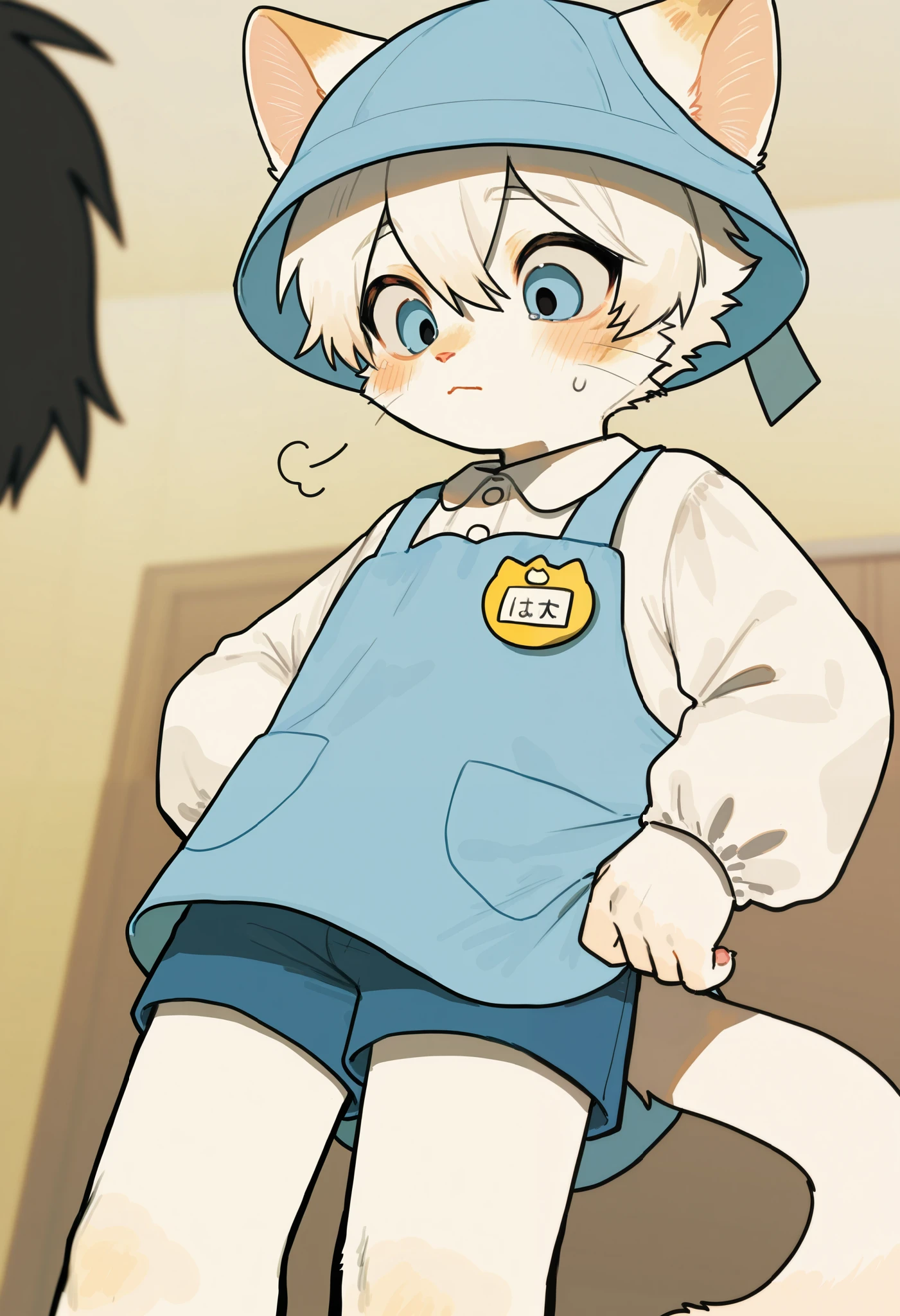 Fraction_9,Fraction_8_up,Fraction_7_up,Fraction_6_up,Fraction_5_up, source_ furry, Hadrian , furry male, cat boy, I was wrong,  light blue kindergarten bib, kindergarten hat , cry, Looking Down, animal ears, Tail,  shorts, Tulip name tag  , to milkytiger1145 , author：K0bit0wani,( cute),boy，Single