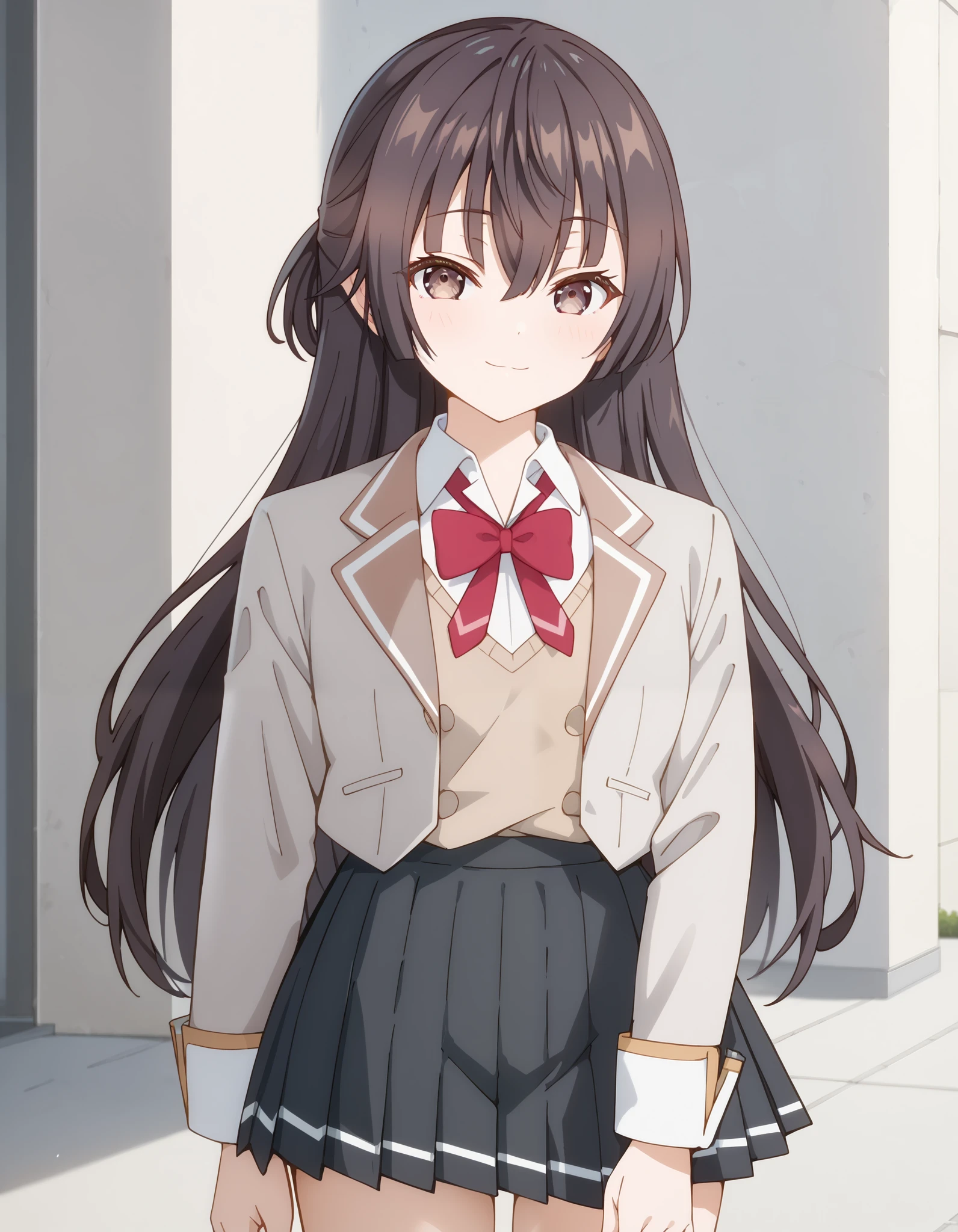 Masterpiece, hd, best quality, 1girl, closed mouth, light smile, light blush, long hair, updo, Yuki suou, brown hair, hair between eyes, brown eyes, school uniform, grey jacket, long sleeves, open jacket, buttons, white shirt, collared shirt, red bowtie, brown sweater vest, black skirt, outdoor, smile, standing, cowboy shot