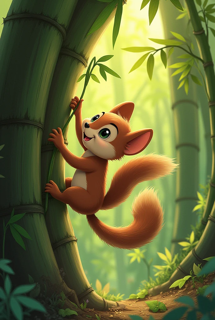 Sammy the squirrel climbing a tree to retrieve fallen bamboo stalks