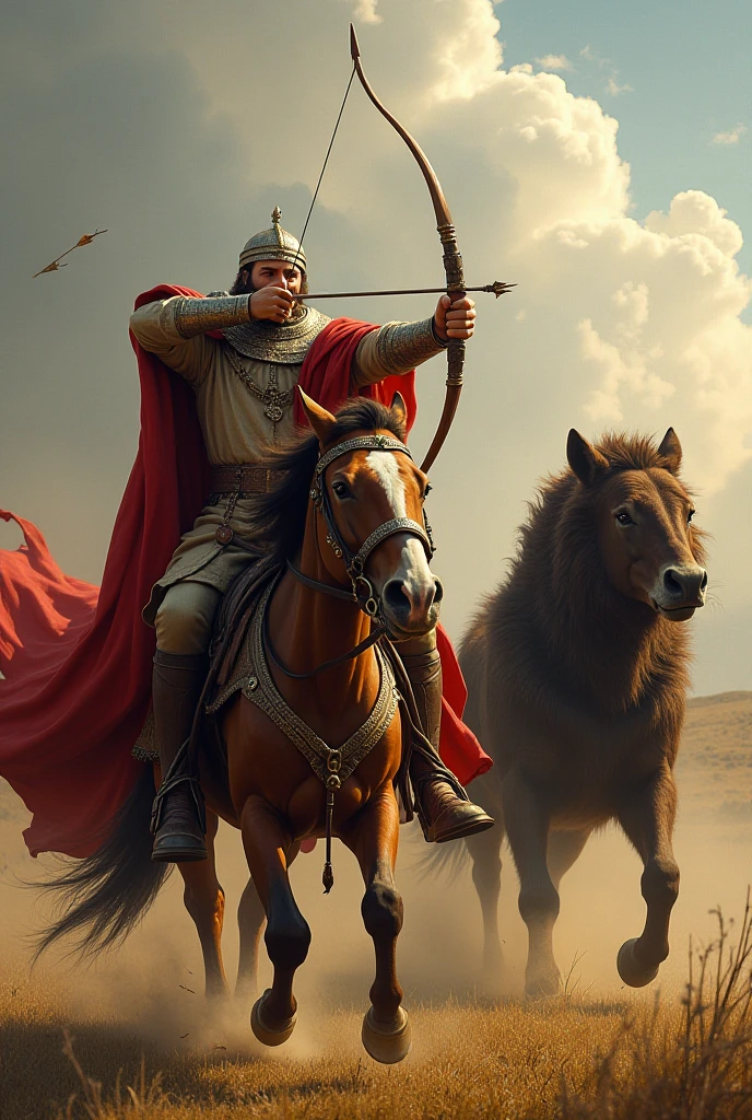 "The king drawing his bow to shoot an arrow, but the bow breaks just as he releases it. The arrow goes astray, and the king looks shocked and helpless, holding the broken bow in his hand. His face shows disbelief and frustration, as he realizes he has no weapon to defend himself. His horse is in motion, but the king is momentarily stunned by the failure of his weapon. The wild beast continues to charge, adding tension to the scene."