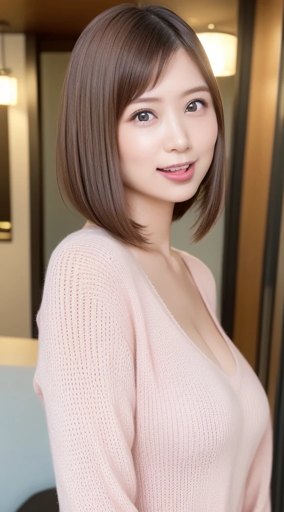 masutepiece, Best Quality, Photorealsitic, finely detail, hight resolution, 8K Wallpapers, Perfect dynamic composition, Beautiful detailed eyes, Medium Hair, Tied hair、large full breasts, Random and sexy poses,Bring your chest together、(Tight pink see-through knitwear)、(Breast bulge 1.3)、A smile、open open mouth、The tip of the tongue is visible、(Licking Tongue 1.5)、Beautiful resort scenery、25-years old、(Drooping eyes 1.4)、Adult beauty、japanes、Staring at the person taking the photo