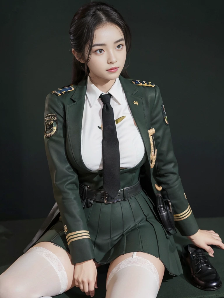 Very detailed CG unity 8K wallpaper，（tmasterpiece），（best qualtiy），（ultra - detailed），（Ultra photo realsisim），（best character detail：1.36），Nikon D750 f / 1.4 55mm，profesional lighting， physically-based renderingt, 1girll, Female soldier，army suit，Dark green military uniform，Fabric texture military uniform，Pure white lining，Dark green tie，Black hair，the golden ratio,[:(com rosto detalhado:1.2):0.2]:,PureErosFace_V1, broad shoulder,(Bigchest:1.5),(big assa:1.5)，Soaked with sweat，red flags，In the square，Splendid scenery，bright sun，upper body photos，Place your hands on your chest，  Small flag，Flag of China，Night Street，lighting，Contre-Jour，Bright smile，White teeth，