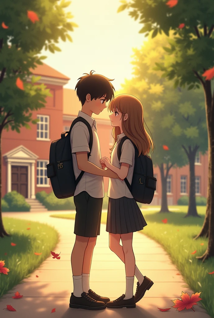The school’s gate, with students saying goodbye. The boy and girl stand apart, their eyes filled with both hope and sadness. They exchange a small, symbolic token—a pendant or a letter.