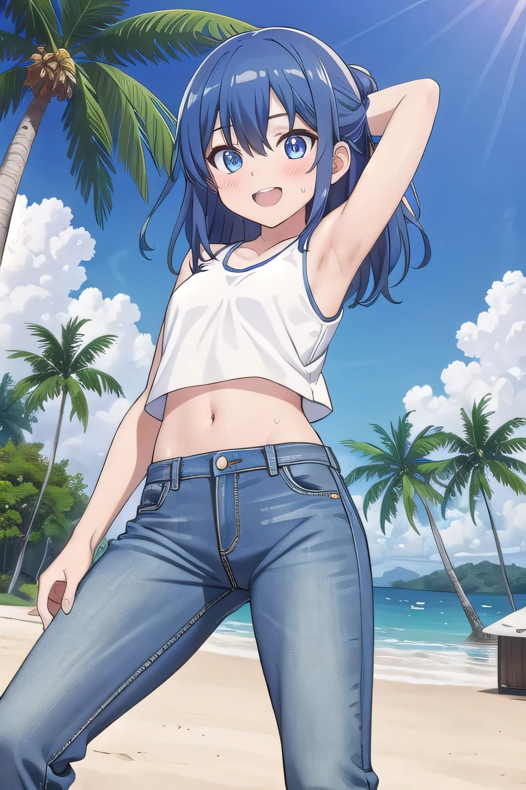 masterpiece,best quality,ultra detail, Perfect Face, Perfect Arms, Perfect hands, Perfect Fingers, 1girl, , peti ((round face, ecstasy, orgasm face, drooping eyes, shame smiling, blush)), dropping eyes, sleepy, background((under the beach, (day:1.2), palm tree, bright sky)), Yanami anna, ahoge,medium hair,blue hair,sidelocks,blunt bangs,blue eyes, hair between eyes,parted bangs, blue eyes, arms behind head, contrapposto, spread armpits, looking at viewer,, (white tank top:1.2), (white crop top:1.2), (jeans pants:1.2, flares jeans:1.2, skinny jeans:1.2, blue jeans:1.2), standing, (legs spread:1.2), sex pose, Sweaty crotch, Steam from the crotch, from below, full medium body