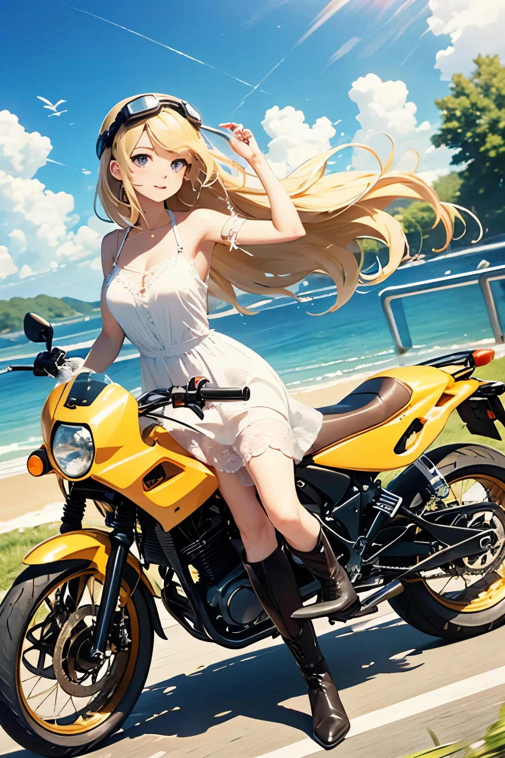 top-quality、超A high resolution、女の子1人、Wearing a white swimsuit、(huge-breasted:1.2)、high-heels, riding on motorcycle, Blonde short hair, , Photo, The background is the sea,Live action,japanes,独奏,Beautiful expression,White stockings,beautiful smiling face,perfect body type,blue-sky,Wave droplets
