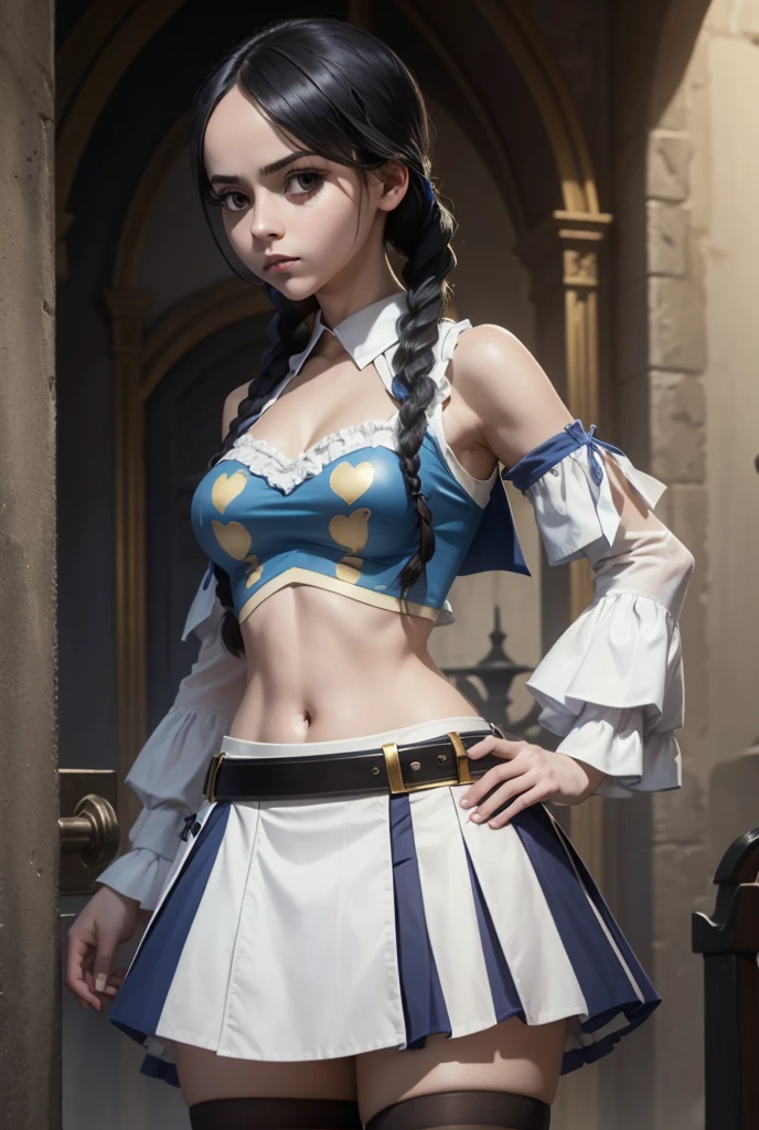 (masterpiece, best quality:1.2), intricate details, Lucy heartfilia cosplay, 1girl, blue vest, ruffled sleeves, navel, white crop top, golden tube, blue heat printed ob front of crop top, black skirt, stockings under skirt, white belt twinbraids,  wednesdayaddams, forehead, black hair, hair over shoulder, twin braids, black eyes, black sclera, colored skin, pale skin, white shirt, sleeveless, belt, blue skirt