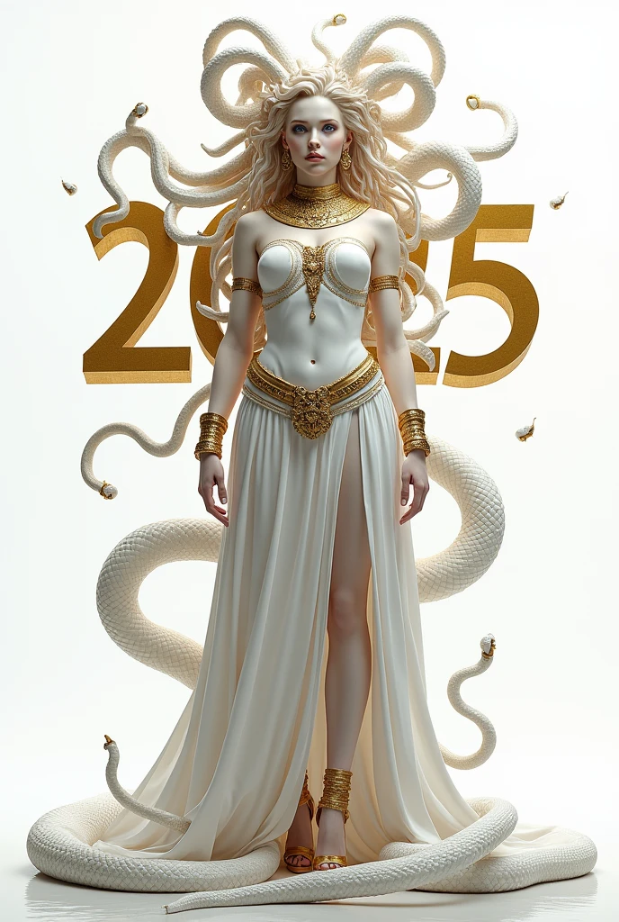 Medusa Greek mythology, (Ancient Greek dress:1.3), (gold and silver accessories, wide collar, bracelets, armlets, bangles, earrings, wide waist belt),
The hair of many snakes, image of a white snake all over, white skin covered with shiny scales, sky blue eyes, slightly open moist lips, small fangs, showing red tongue, thin waist, wide hips, curvy perfect body, ( simple background, white background), (standing with legs open, full body shot), view from below, side view, 
white snake image, BREAK  The image shows “Happy New Year 2025” in large gold letters,