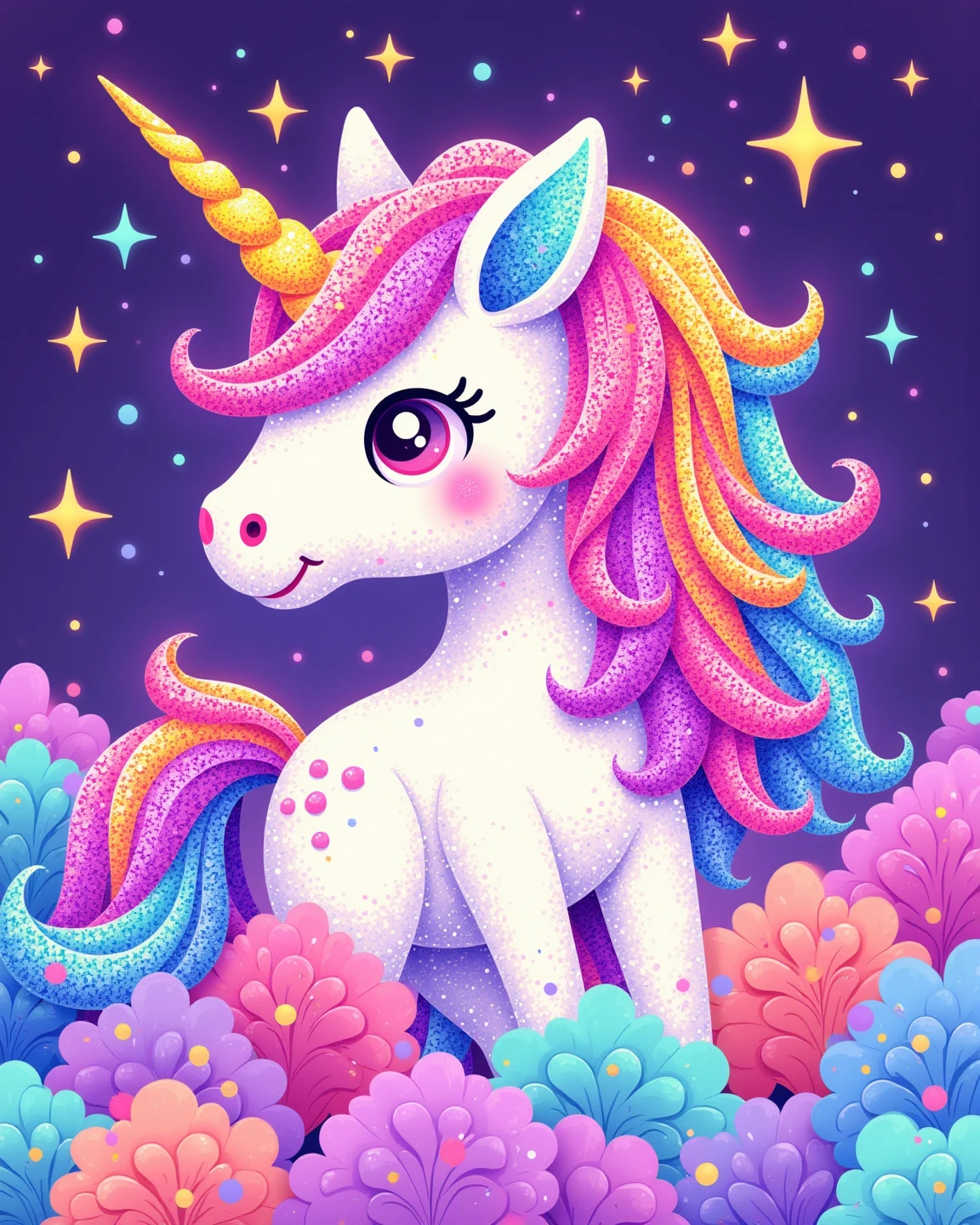 "Happy New Year" will be displayed on the screen as a header. new year poster. 
Sequin Art, Rainbow Unicorn, A unicorn made of rainbow glittering sequins, Super cute. Pastel rainbow glitter background, sparkling sequins, 
aidmanijiv6, flat illustration