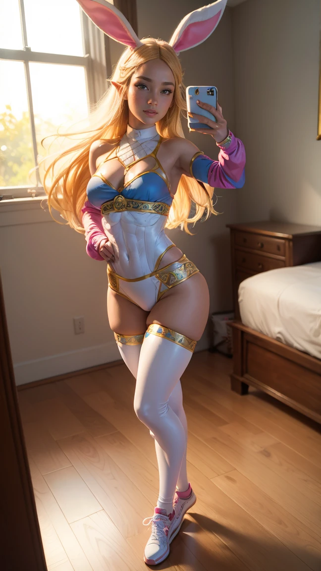 princess zelda (( full body view )),  long straight blonde hair, very beautiful seductive look , Blue eyes,  very large breasts, legs in shape,  very large buttocks , (( She is in her room taking a selfie.)) (( Dressed in a pink bunny costume with a tiny ,  in very sexy and sensual colors and white sneakers with very long thigh-length tights)), posing in a very sexy and sensual way ,  very small Very nice room with a large window ,  Good lighting ,  4K resolution 