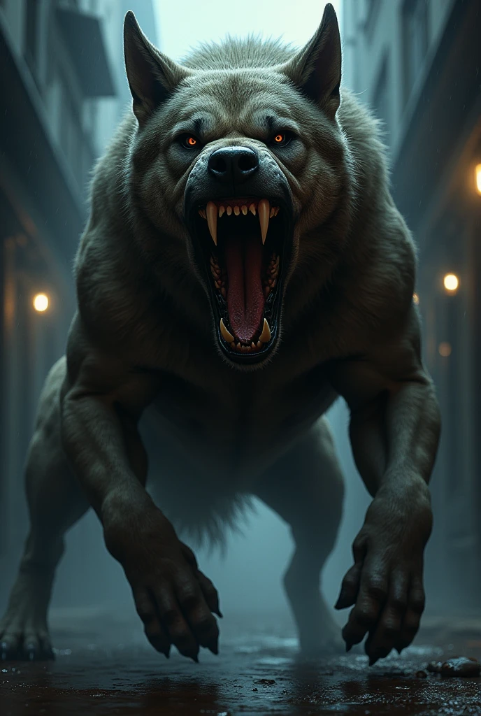 A huge evil wide grinning hyena exposing a set of sharp yellow teeth standing tall in a living room, background shadows, nightmare 