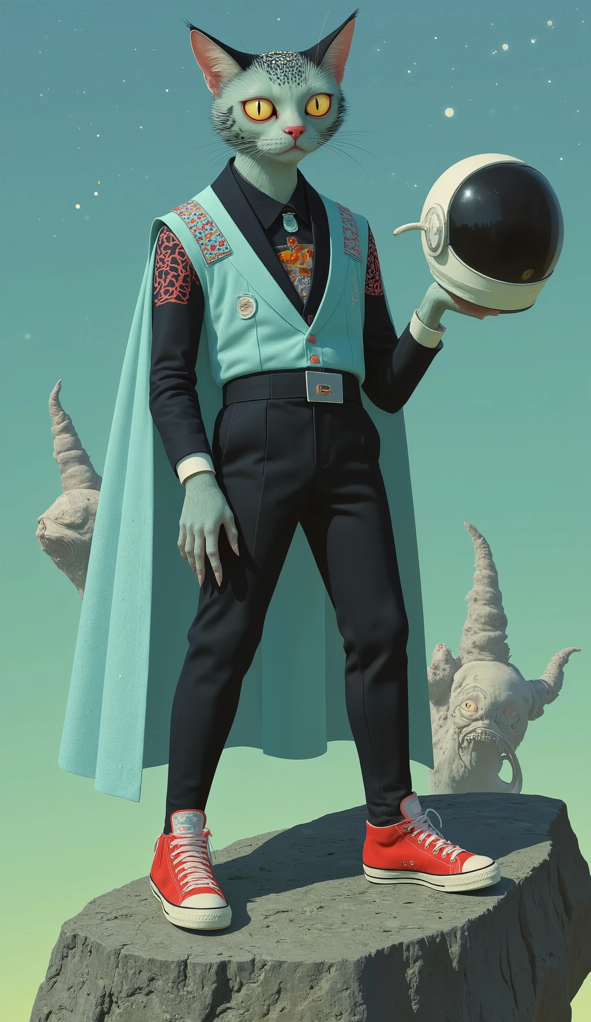 ( view Countertop )  Illustration of a  " astronaut priest cat " ( space traveler ) ( bluish green fur with black spots ),  standing on a round meteorite  (ROUND ROCK ),  he holds the astronaut helmet between his arm and hip ,  the cat has a challenging look ,  astronaut costume ,  wears red converse sneakers ,  his shoulder pads are shaped like a fire sculpture .  He wears a light blue cape with a repetitive pattern of tiny stars. " anthropomorphic cat ". ( science fiction) (astronaut) (esotericism) (Catholic punk ). inspired by Tim Biskup, Adobe Illustrator Art,  in the style of digital illustration, Created in Adobe Illustrator, Behance vector hd ,, Fabulous Illustrations,, space background, Occultism.  A beautiful artistic illustration  (DUNE FICTION ) (( ultra detailed)) (8K)