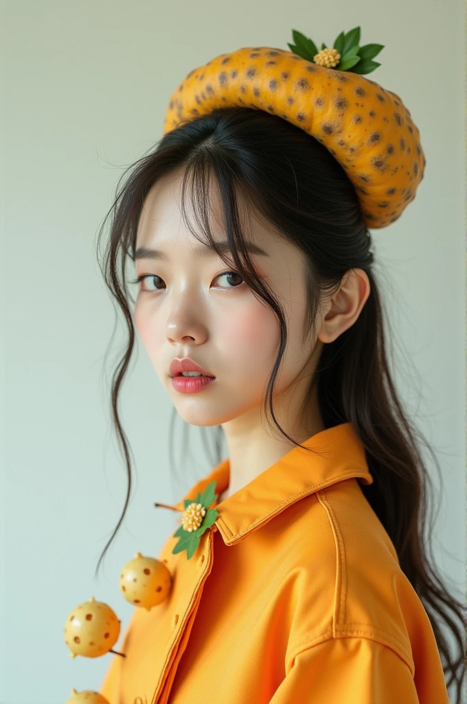 (Real, Highest quality, High resolution :1.3), One girl with a perfect body, Very beautiful face and eyes, Korean Beauty, (Slanted Eyes), Perm Hair, (Wearing a pineapple on his head:1.2), Pineapple print swimsuit, Pineapple Earrings
