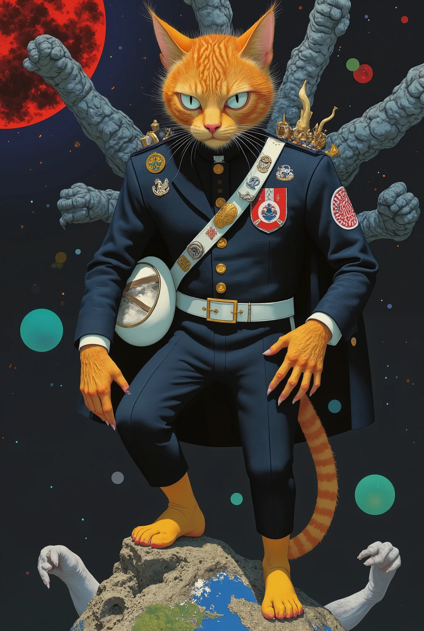 ( view Countertop )  Illustration of a  " astronaut priest cat " ( space traveler ) ( orange fur ),  standing on a round meteorite embedded in the earth,  holding his helmet between his arm and hip ,  the cat has a challenging look ,  astronaut costume . " anthropomorphic cat ". ( science fiction) (astronaut) (esotericism) (Catholic punk ). inspired by Tim Biskup, Adobe Illustrator Art,  in the style of digital illustration, Created in Adobe Illustrator, Behance vector hd ,, Fabulous Illustrations,, Occultism.  A beautiful artistic illustration  (DUNE FICTION ) (( ultra detailed)) (8K)