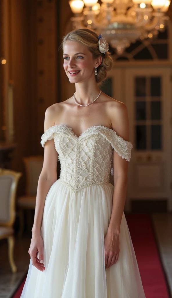 Phot graphic ,Front view, full body,  standing  pose, looking at viewer ,1 woman Actu Melenie   in 1936 Austria,woman is (golden hair, chignon, flower hair pin, pearl earring and neckless, smile), (light White dressed in an exquisite ball gown with flower embroidery, shoulder-less, pink hi-heal),  in 1936 Austria palace, night , chandelier lighting ,    (super detail, high details, high quality, accurate, anatomically correct, textured skin, beautiful fingers super detail, high details, high quality, best quality)