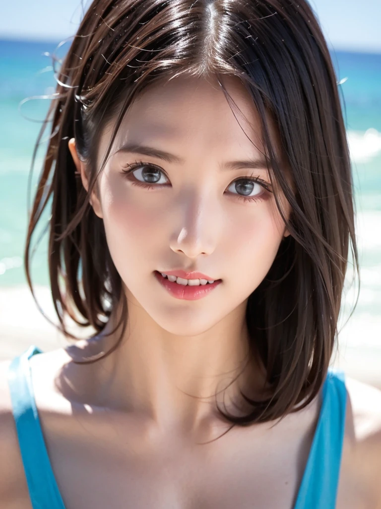 top quality、  ultra high definition 、(Photographically: 1.4)、  beautiful eyes、 1 elegant mature woman、 very beautiful 、  shiny hair、 short hair、 face close-up、(A whole lot of smiles:1.4)、((medium hair)), ( Gravure Shooting 、 Gravure Poses), Expose your swimsuit :1.4,  ocean ,  ocean 水浴場,  White Sand Beach , White Beach, Hawaii, ( face in the center of the screen: 1.4)