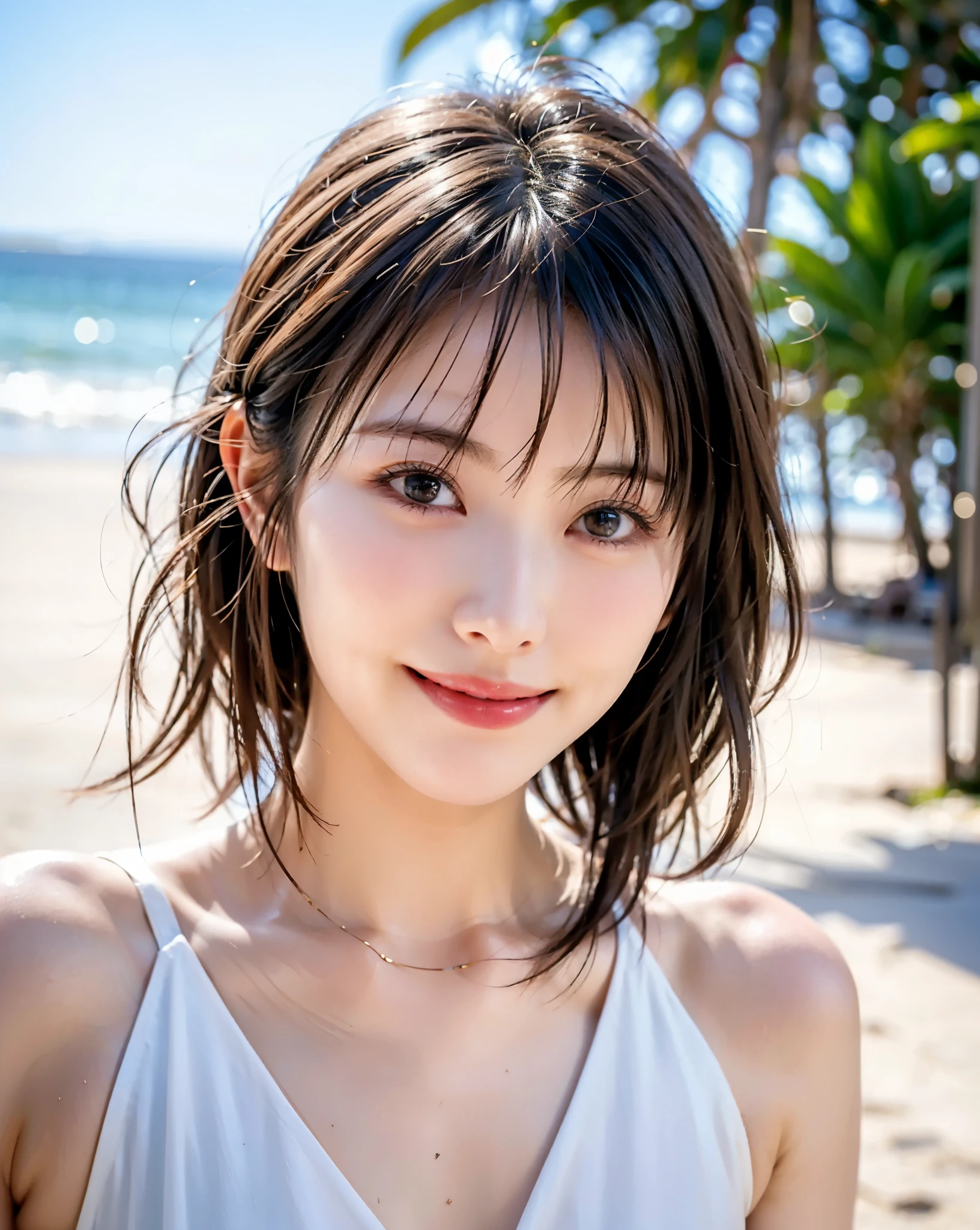 top quality、  ultra high definition 、(Photographically: 1.4)、  beautiful eyes、 1 elegant mature woman、 very beautiful 、  shiny hair、 short hair、 face close-up、(A whole lot of smiles:1.4)、((medium hair)), ( Gravure Shooting 、 Gravure Poses), Expose your swimsuit :1.4,  ocean ,  ocean 水浴場,  White Sand Beach , White Beach, Hawaii, ( face in the center of the screen: 1.4)