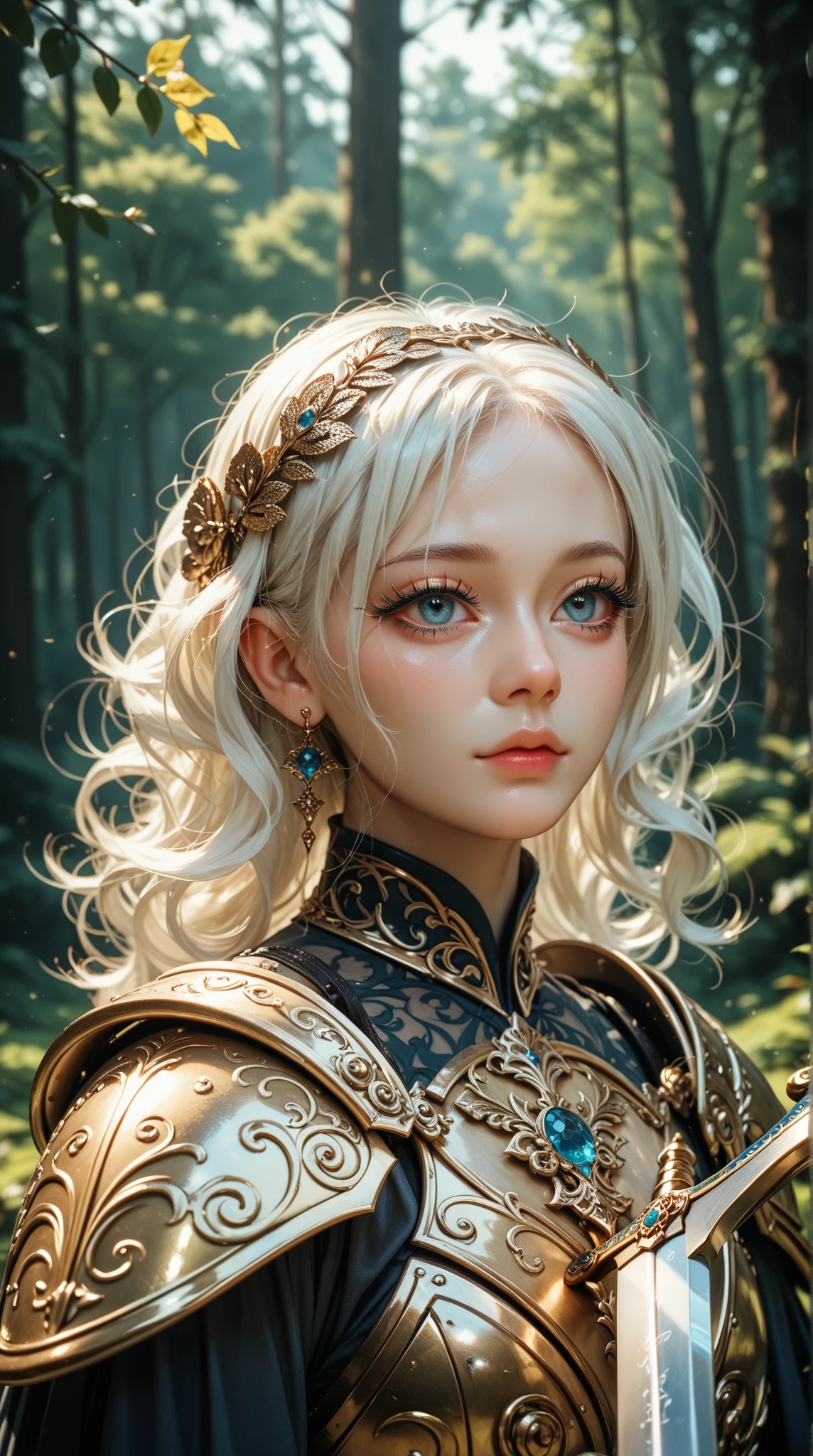 In the forest,Wearing armor、 holding an antique sword。 White-haired beauty with a noble style , and eyes ,Big wavy head, Long Lashes , delicate skin 。