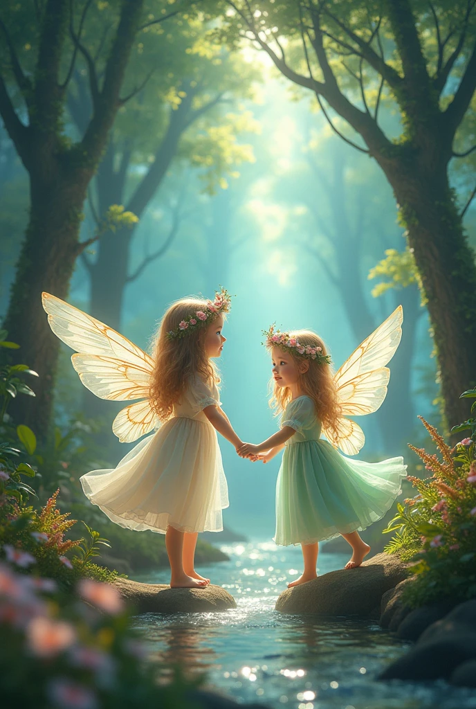 A fantastic and real forest, very real, fantastic and colorful, showing a group of children playing and exploring in a magical forest.. Trees have unusual shapes and colors, with branches that twist and intertwine, creating an environment full of magic and wonder. Children run and jump over raised roots, surrounded by bright flowers and luminous mushrooms. Some have stopped to observe small magical creatures that float and flutter around them, like fairies and elves. Others are building shelters with branches and leaves, giving life to your dreams. The color palette is vibrant and saturated, with intense shades of green, blue, purple, orange and pink that give the scene an ethereal and dreamlike appearance. The lighting is warm and diffuse, creating an enchanted and welcoming atmosphere. Focus on capturing joy, the curiosity and overflowing imagination of children as they interact with this fantastic world. that every detail, from the textures of the vegetation to the expressions on the faces, convey a sense of wonder and unlimited possibilities." It&#39;s prompt, I have tried to provide clear instructions on: The magical and fantastic environment of the forest The activities and emotions of the children The use of a vibrant and warm color palette The lighting and the immersive atmosphere
