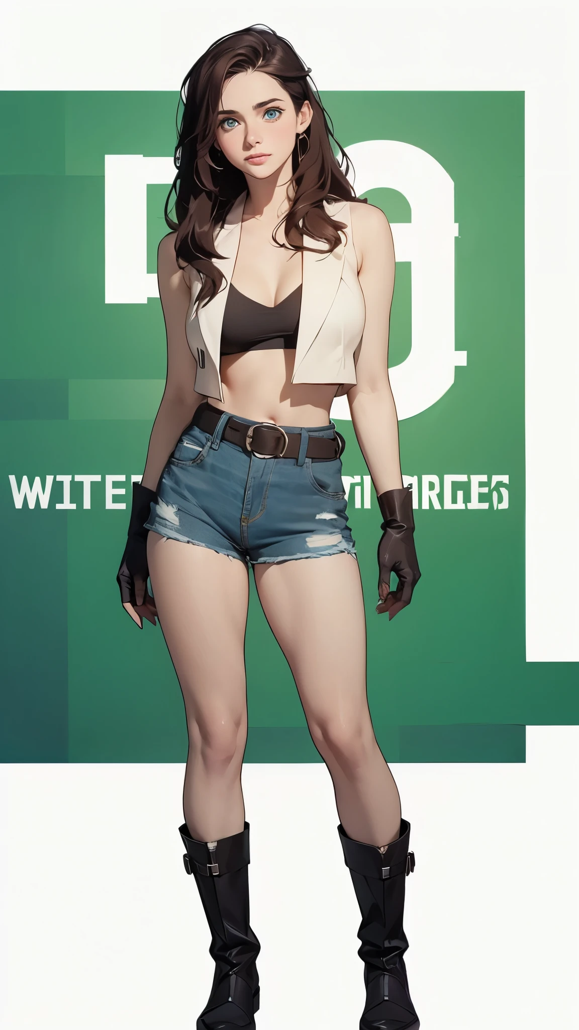 (cartoon style:1.2), Drawings of (Ginevra Molly Weasley), he used to smile, perfect green eyes, face detailed, White background, fun pose, seducing gaze,Full body wearing the Sanserina uniform, beautiful medium breasts and wonderful body cartoon style digital illustration. Wearing pantiesJennifer Connelly , , white bra, green vest, sleeveless, へそ, blue jeans, Brown boots, gloves fingerless, short gloves, slightly-smile, shorth hair, wavy hair, parted bangs, blue colored eyes, wart under the right eye, old american west, sunny desert background, waist belt, best qualityer, Obra de arte Jennifer Connelly