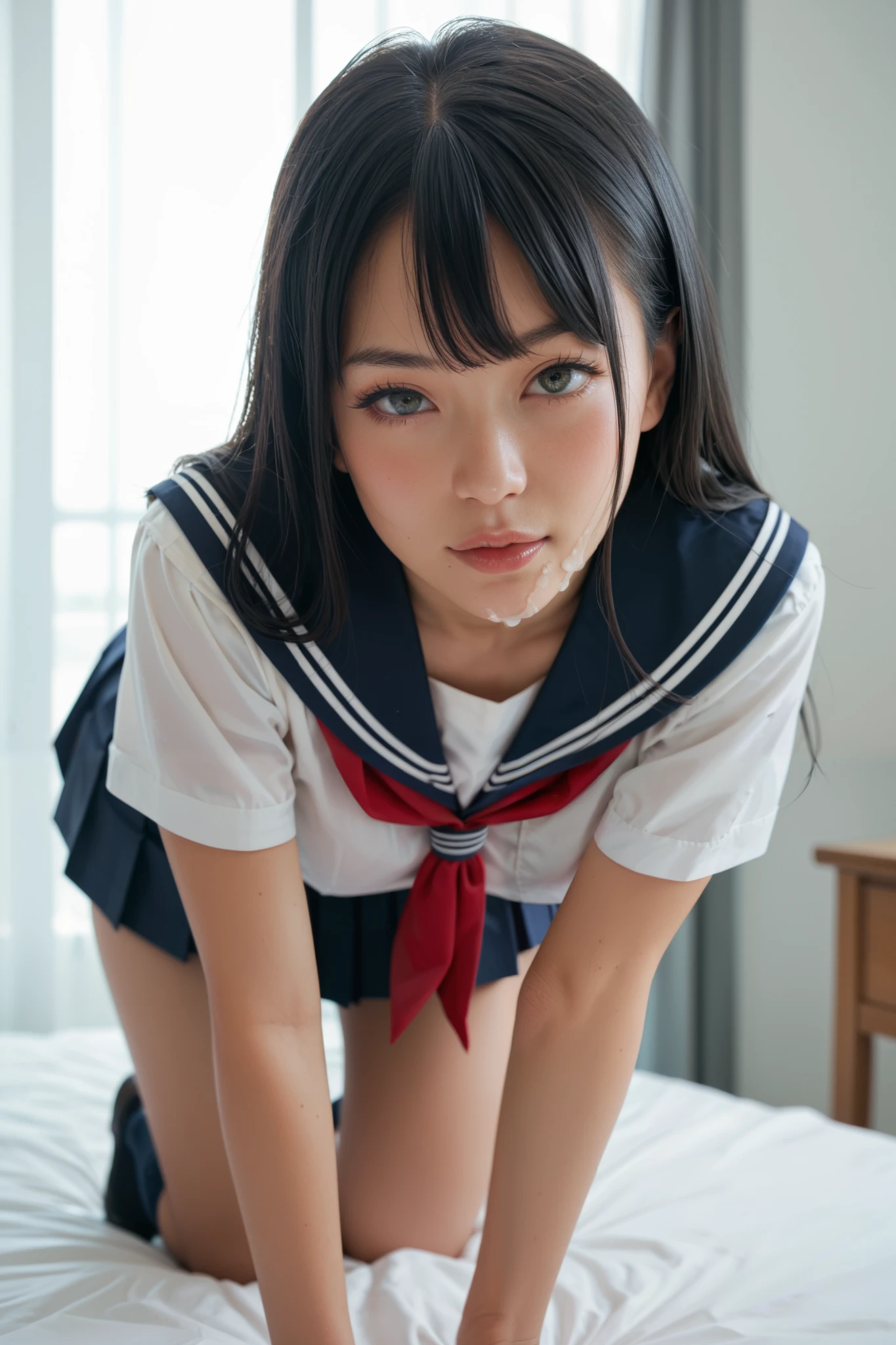 cute,,black hair,long hair,straight hair,with bangs,angelic smile,model,full breasts,((1man and 1woman,having sex)),prone bone,on bed,summer sailor suit,