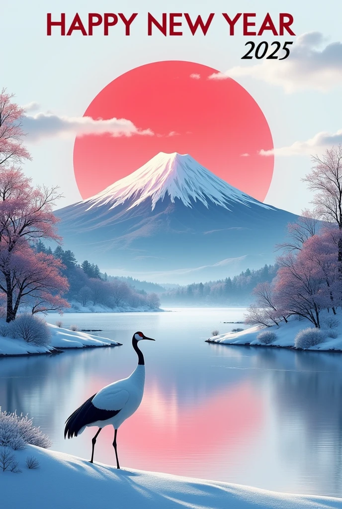 big text in the top "HAPPY NEW YEAR" and "2025", Snow Scenery, All white Fuji, Tranquil lake, a crane, red sun, gold frame,