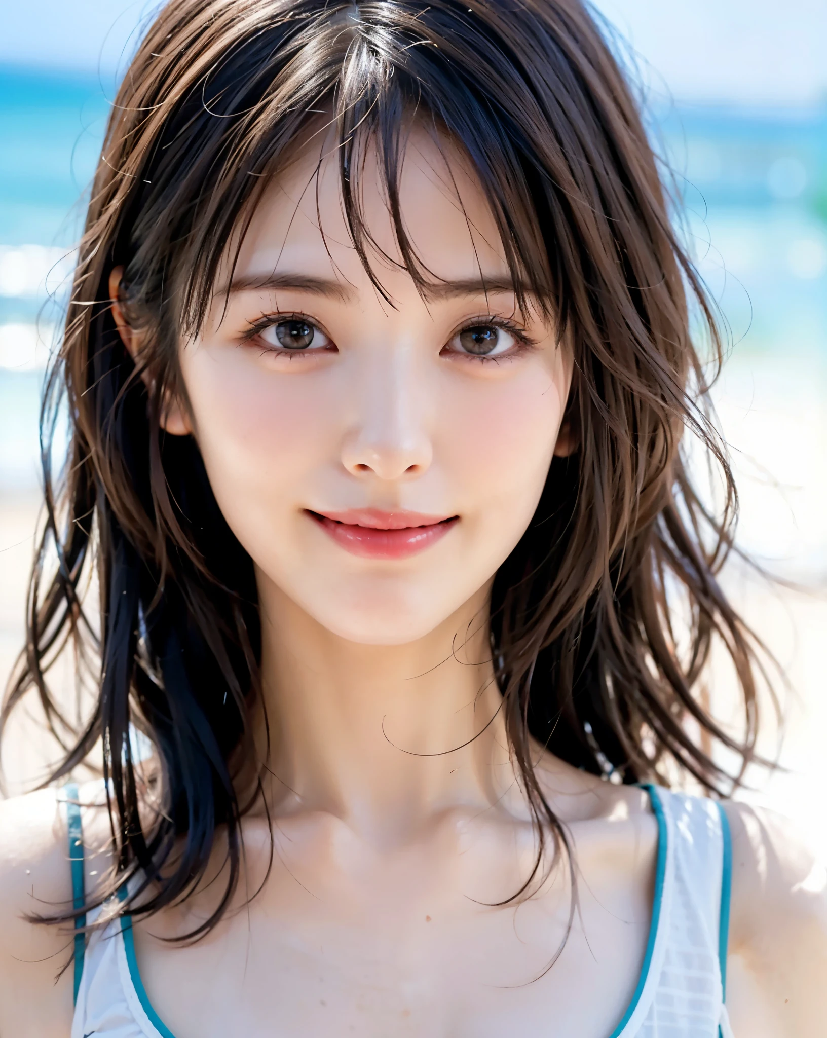 top quality、  ultra high definition 、(Photographically: 1.4)、  beautiful eyes、 1 elegant mature woman、 very beautiful 、  shiny hair、 short hair、 face close-up、(A whole lot of smiles:1.4)、((medium hair)), ( Gravure Shooting 、 Gravure Poses), Expose your swimsuit :1.4,  ocean ,  ocean 水浴場,  White Sand Beach , White Beach, Hawaii, ( face in the center of the screen: 1.4)