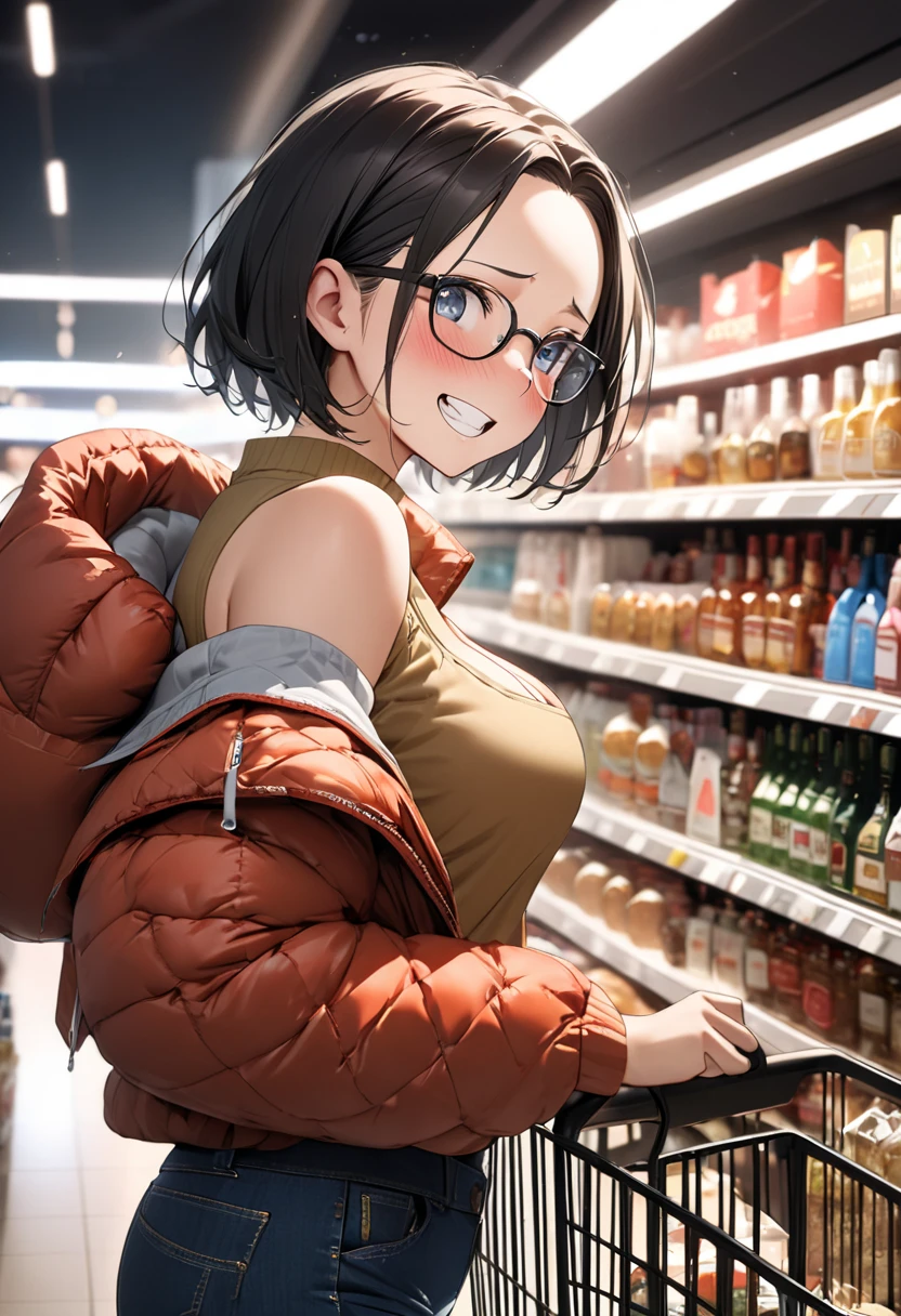 Solo, 1Female, (Short Fluffy Messy and Unruly Hair, Bobcut with Long Sideburns, Red/Orange Hair Colour, Black Streaks in Hair), Blue Eyes, Cute Face, ((Freckles on Cheeks)), Average Breasts, Wide Hips, Thick Thighs, Curvy Figure, Reddish-Orange Hoodie, Tight Blue Jeans, ((Thin Cute Glasses)), Shy Timid Expression, Slight Frown, Soft Blush, Timid Pose, ((Standing in Convenience Store In Front of Cashier Desk, From Above POV)), (Masterpiece, 4K Quality, Perfect Anatomy, Perfect Hands), 