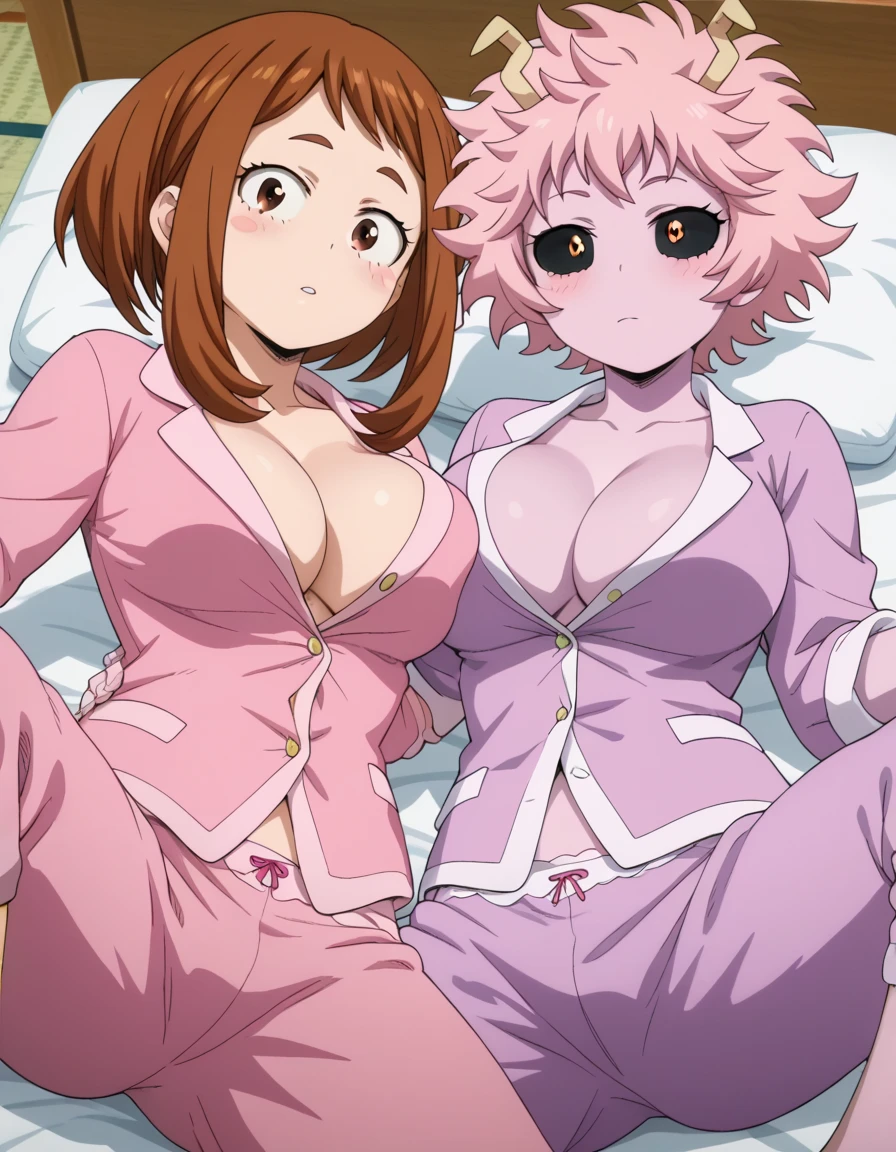 score_7_up, score_6_up, best quality, anime screencap, clear face, (2girls), mina ashido, ochako uraraka, bedroom,, looking at viewer, ,  blush, , from above ,pink pajamas,