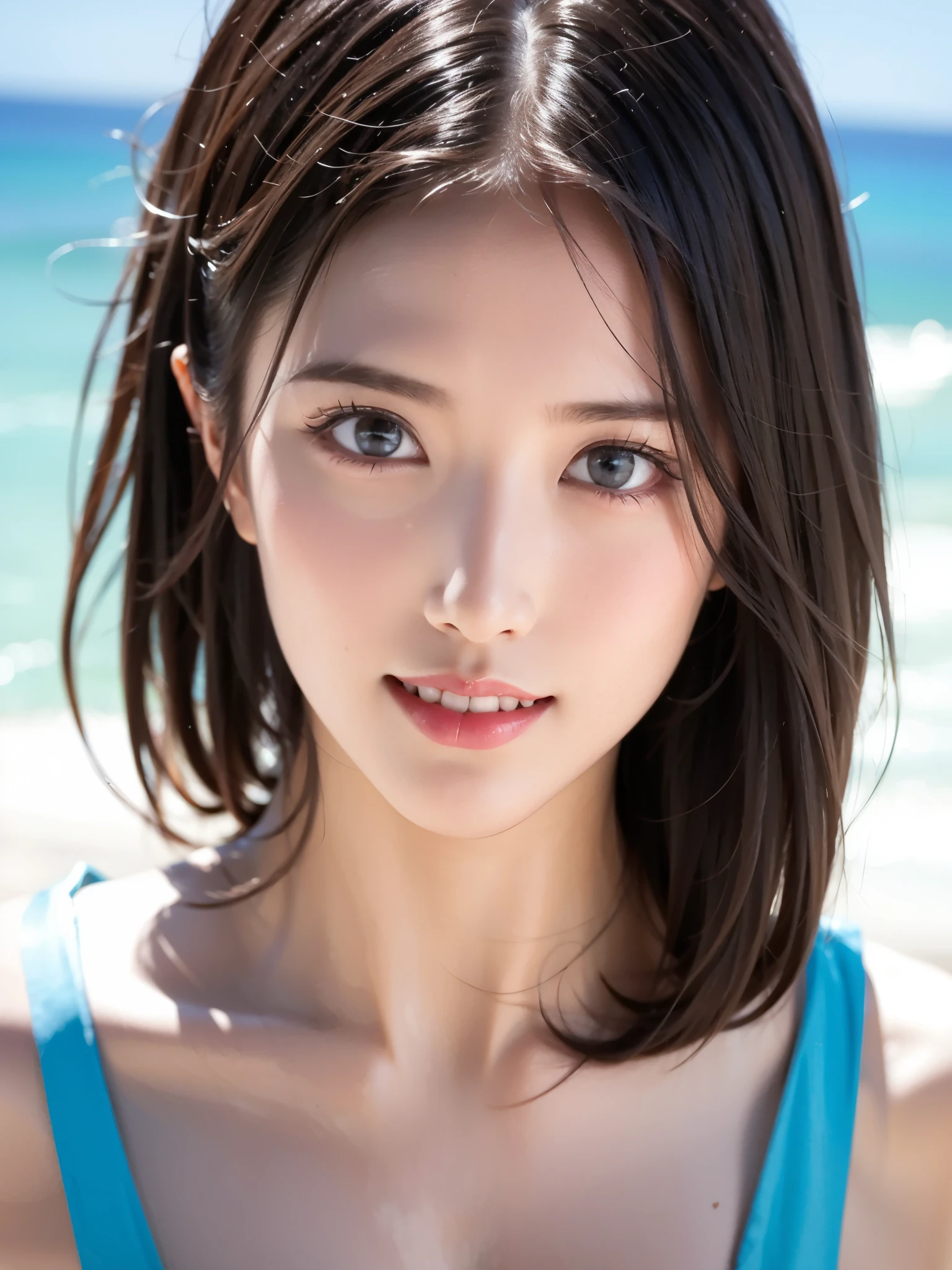 top quality、  ultra high definition 、(Photographically: 1.4)、  beautiful eyes、 1 elegant mature woman、 very beautiful 、  shiny hair、 short hair、 face close-up、(A whole lot of smiles:1.4)、((medium hair)), ( Gravure Shooting 、 Gravure Poses), Expose your swimsuit :1.4,  ocean ,  ocean 水浴場,  White Sand Beach , White Beach, Hawaii, ( face in the center of the screen: 1.4)