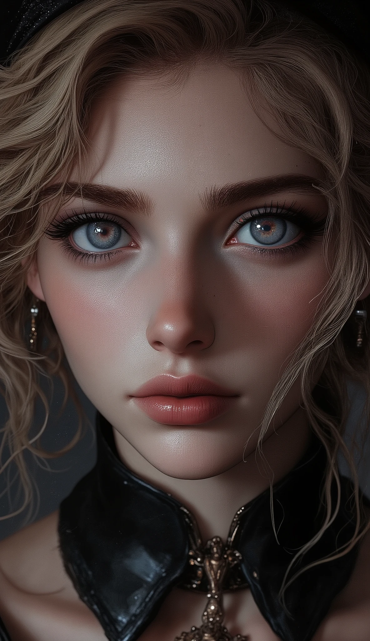 A beautiful woman with beautiful pink eyes:1.2, detailed eyes, beautiful full lips, highly detailed eyes and faces, long eyelashes, blonde wavy hair,serious expression, detailed lighting and shadows, anime style, 8k, Hi-Res, masterpiece:1.4, dark colors,