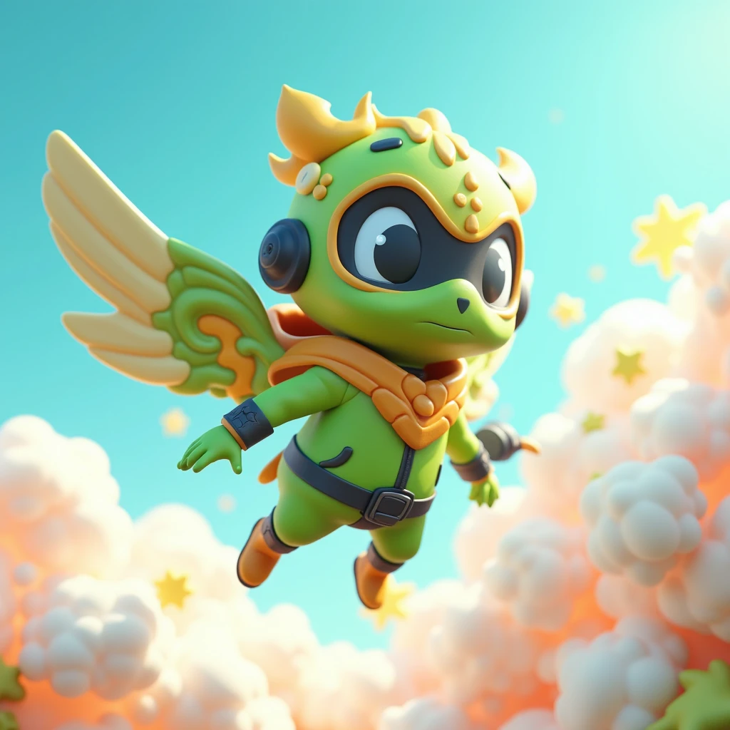 3D CGI cute, cartoonish style. Airborne Leader with bright-green silver black and yellow green color palette
